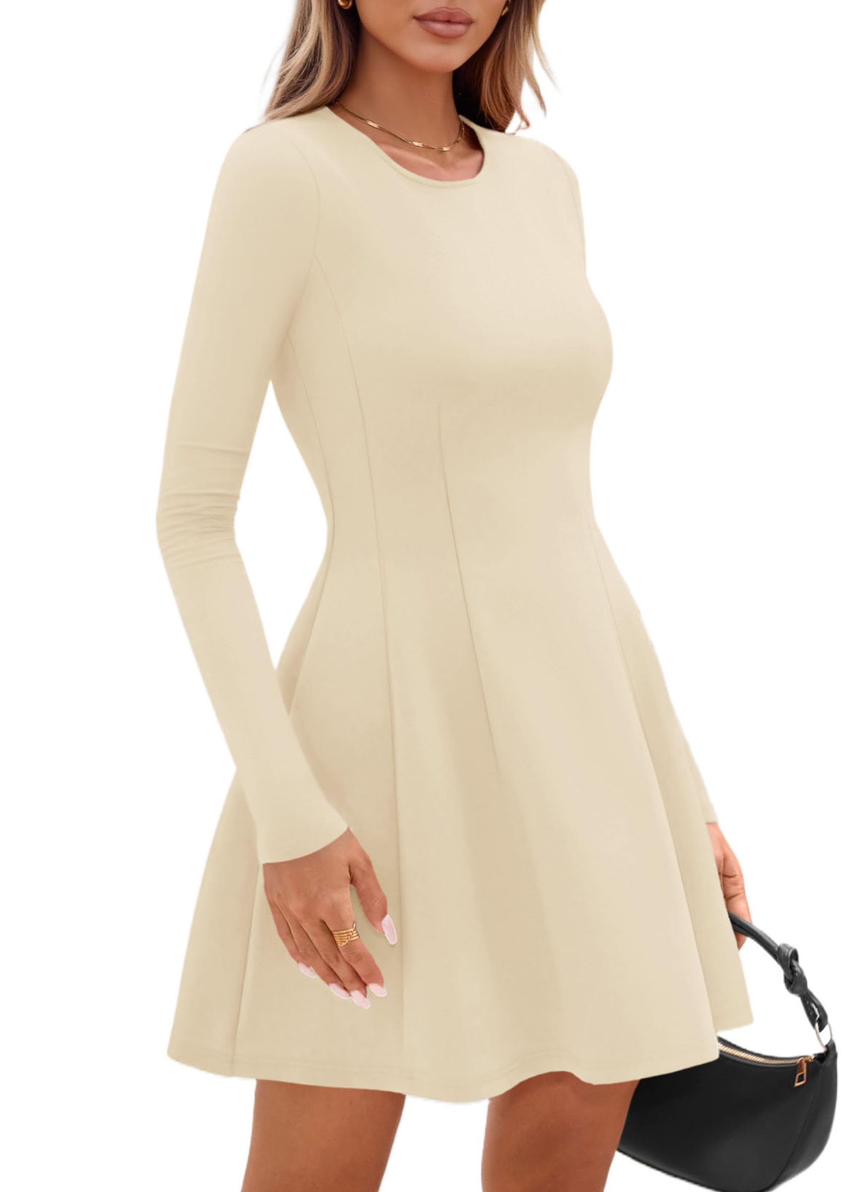 Womens Long Sleeve Pleated Mini Dress,Beige,XS