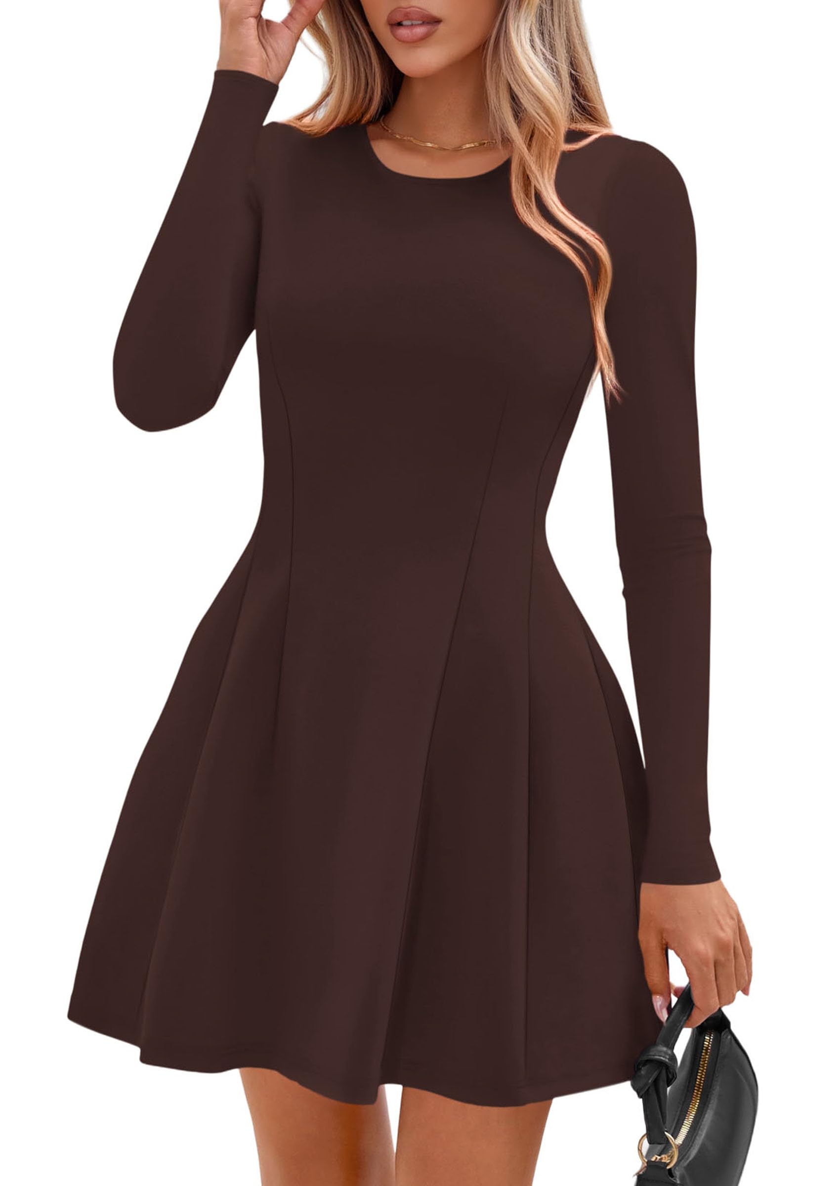 Womens Long Sleeve Pleated Mini Dress,Brown,XS