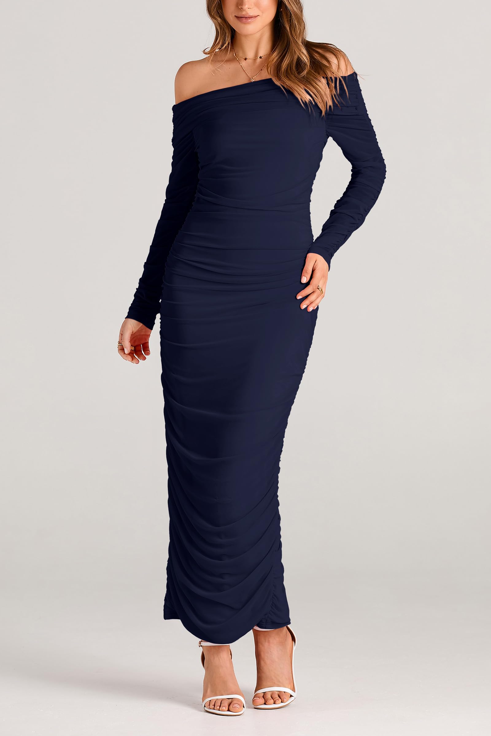 Women's Off the Shoulder Maxi Bodycon Dress, Navy,S