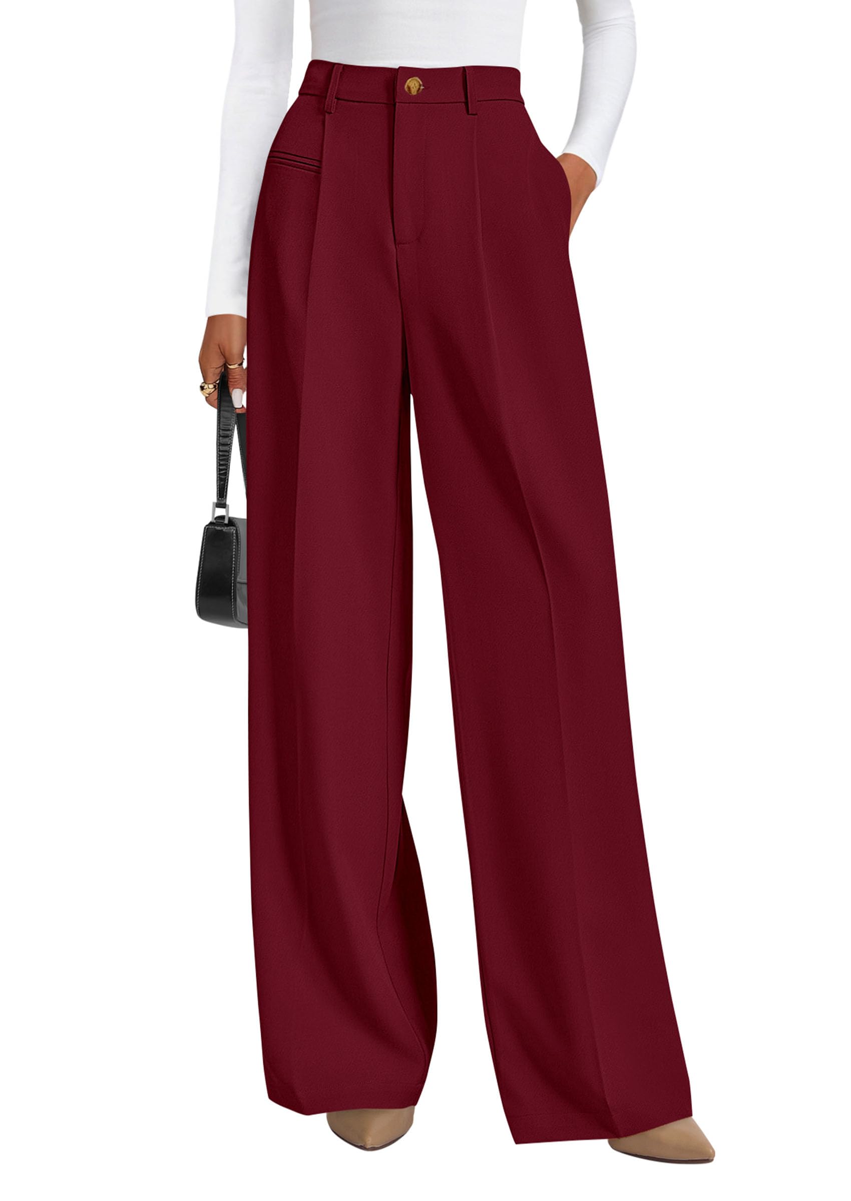 Women's Tailored Wide Leg Work Dress Pants,Burgundy,XS
