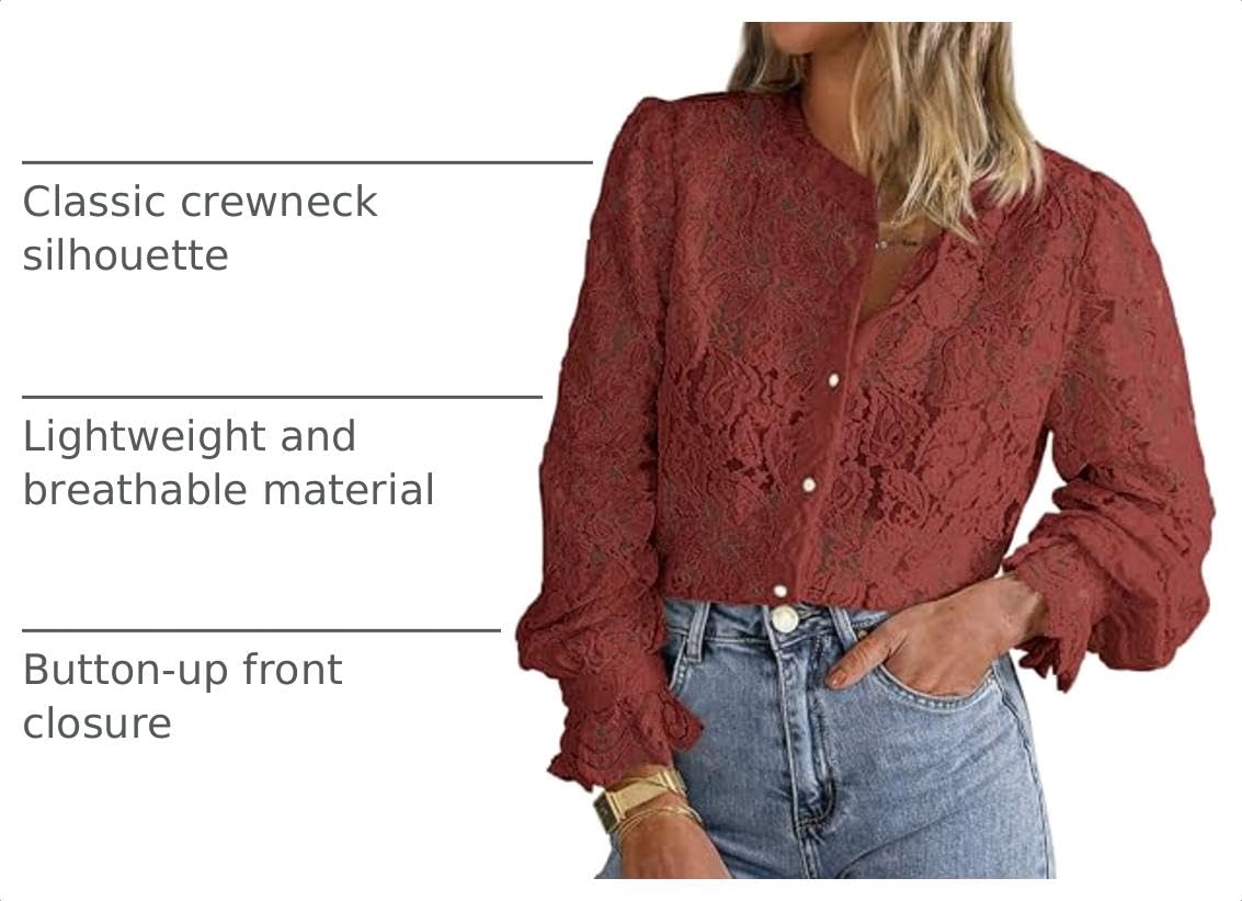 Women's Fall Trendy Long Sleeve Lace Tops(Brown Red,Small)