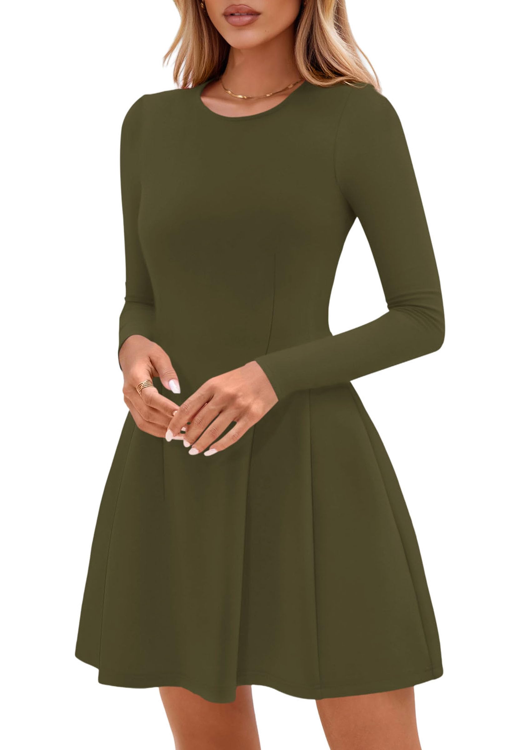 Womens Long Sleeve Pleated Mini Dress,Army Green,XS