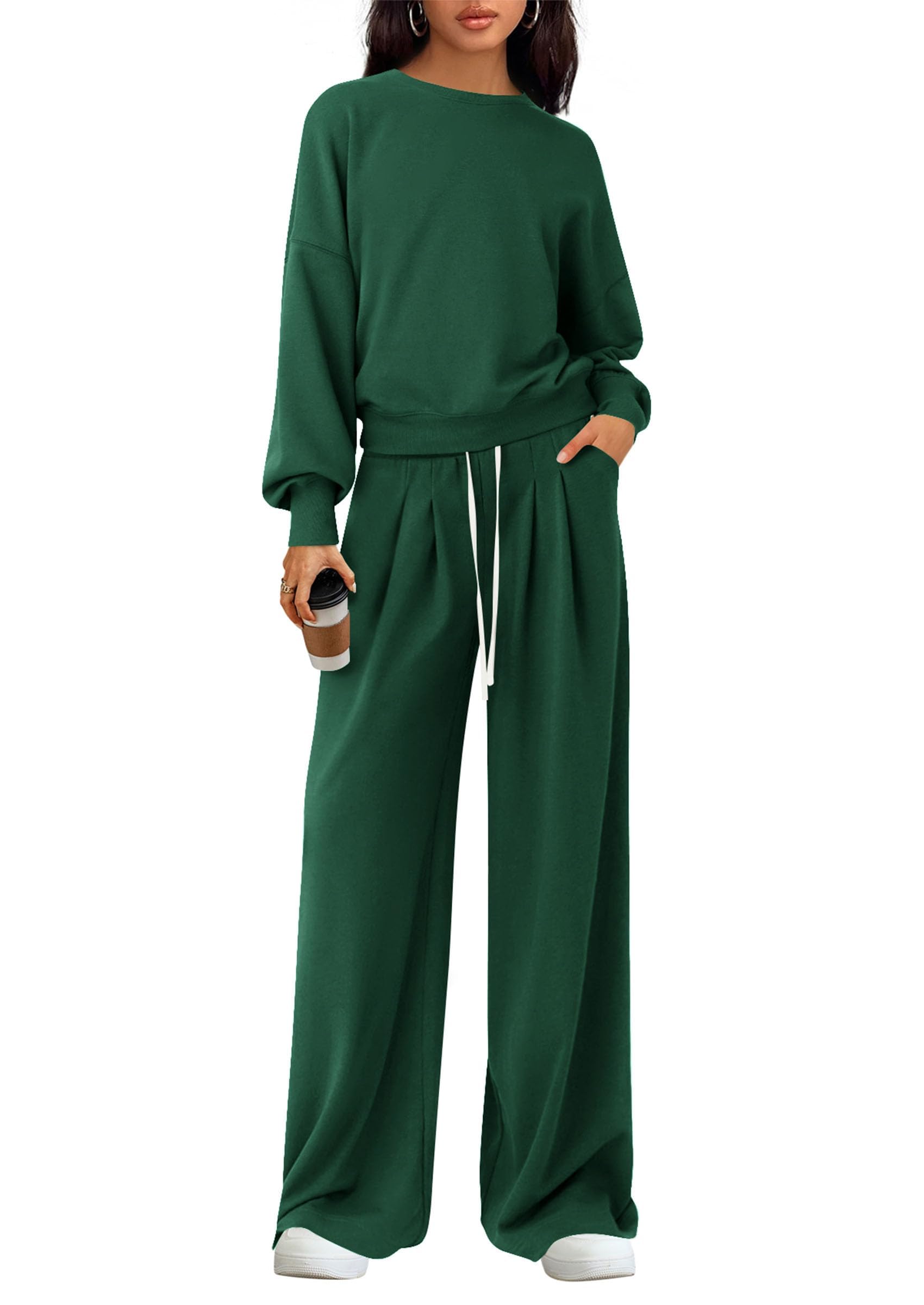 Womens Loose Fit Casual 2 Piece Lounge Set,Dark Green,S