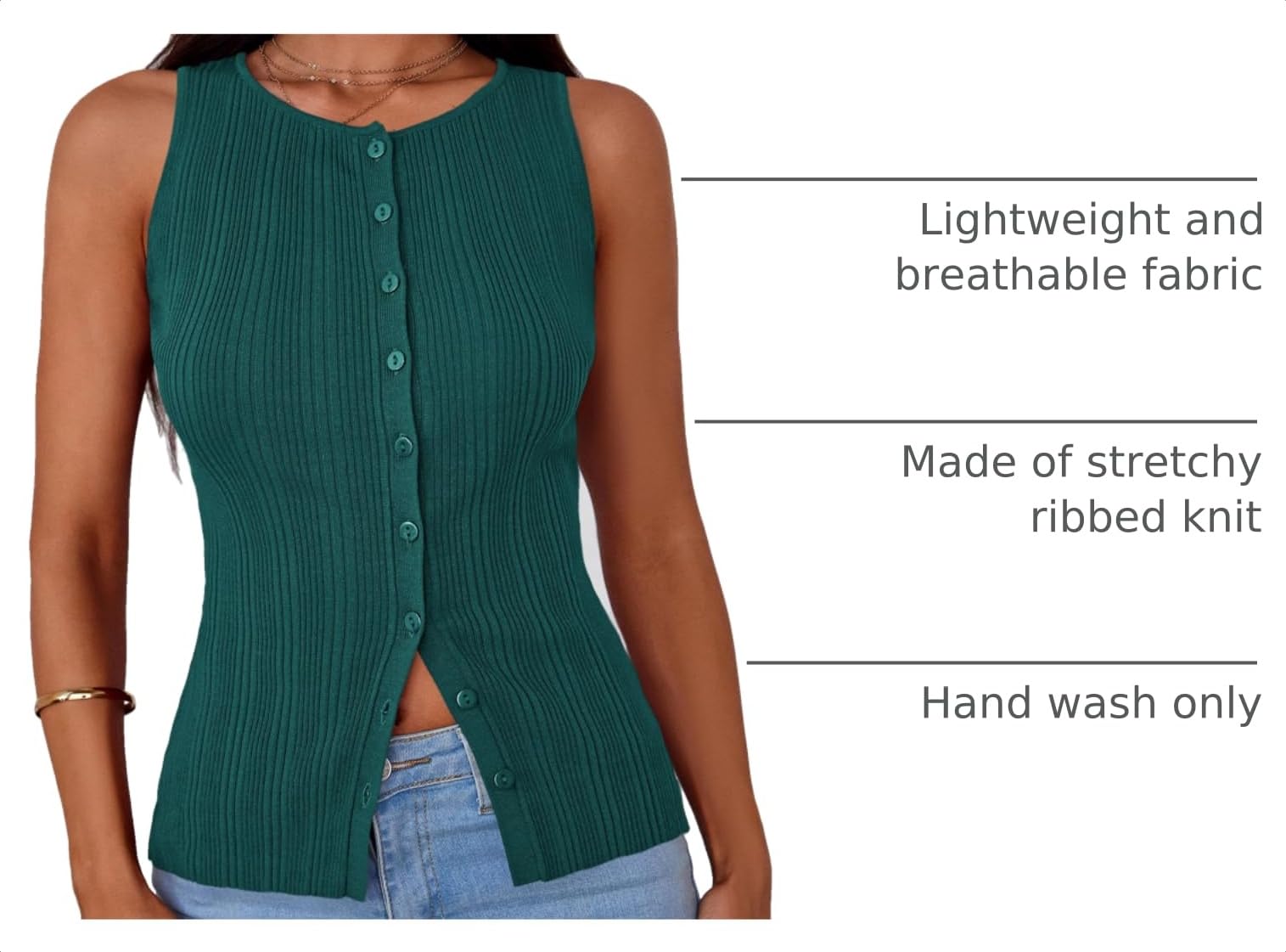 Sleeveless Button Down Shirts for Women Summer 2026 Going Out Ribbed Knit Tank Tops Y2K Clothes Trendy Vest Tops Malachite Green