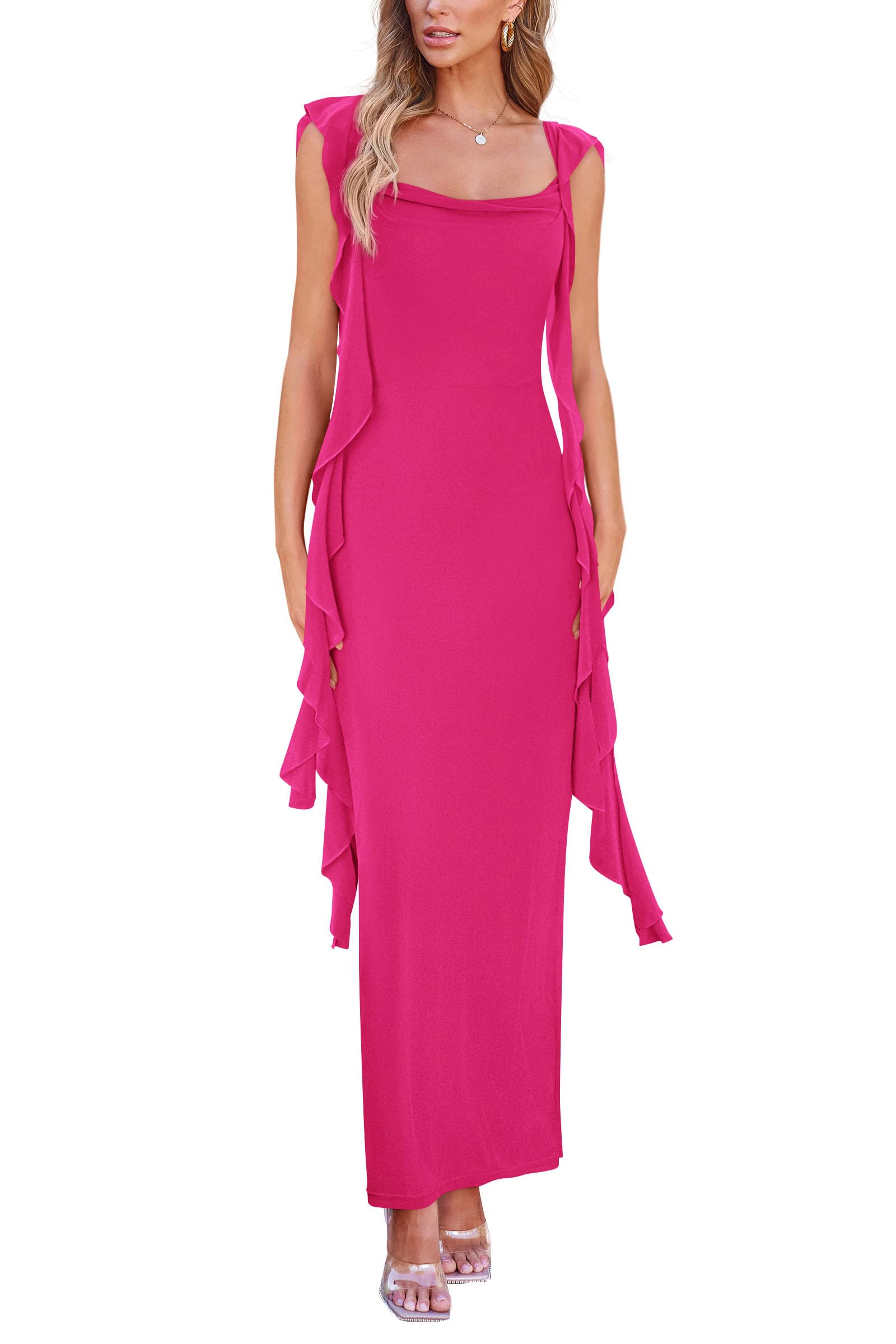 Summer Dresses for Women Ruffle Bodycon Maxi Dress,Rose Red,S