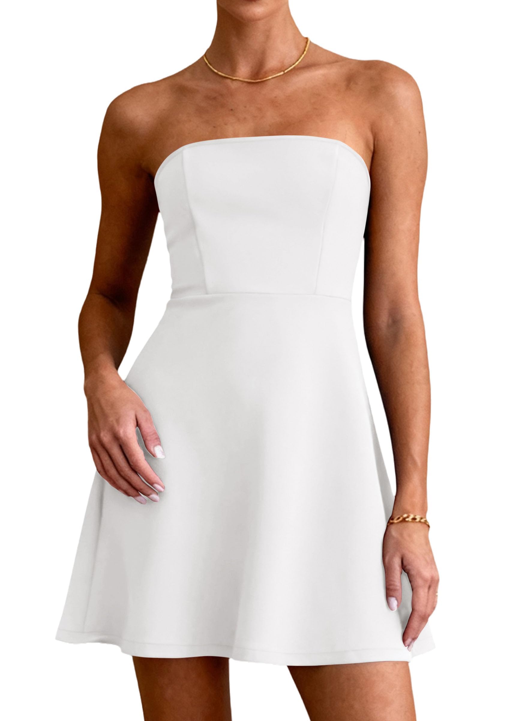 Women's Strapless A Line Mini Summer Dresses White,L