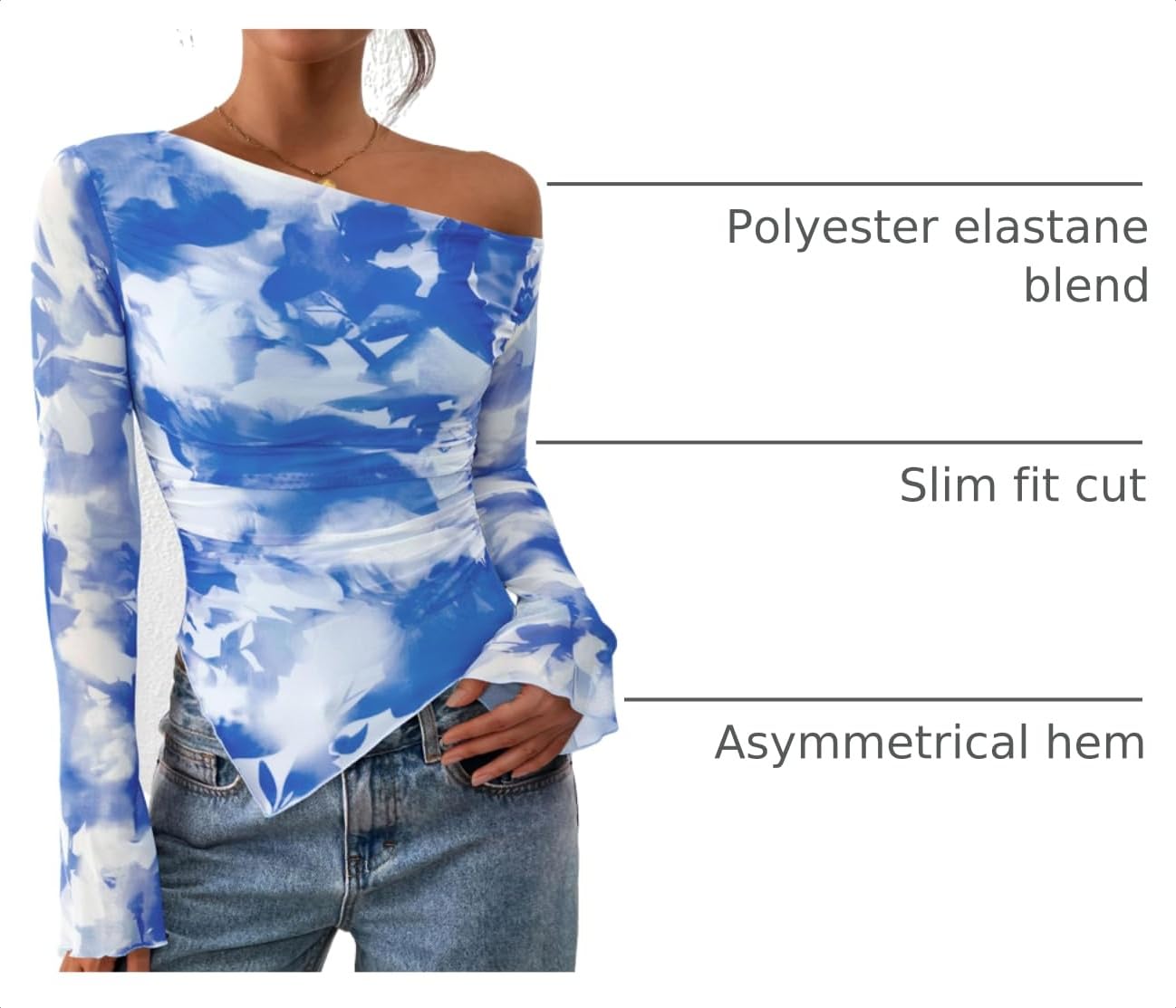 Womens Off Shoulder Mesh Y2k Tops,Floral Light Blue,XS