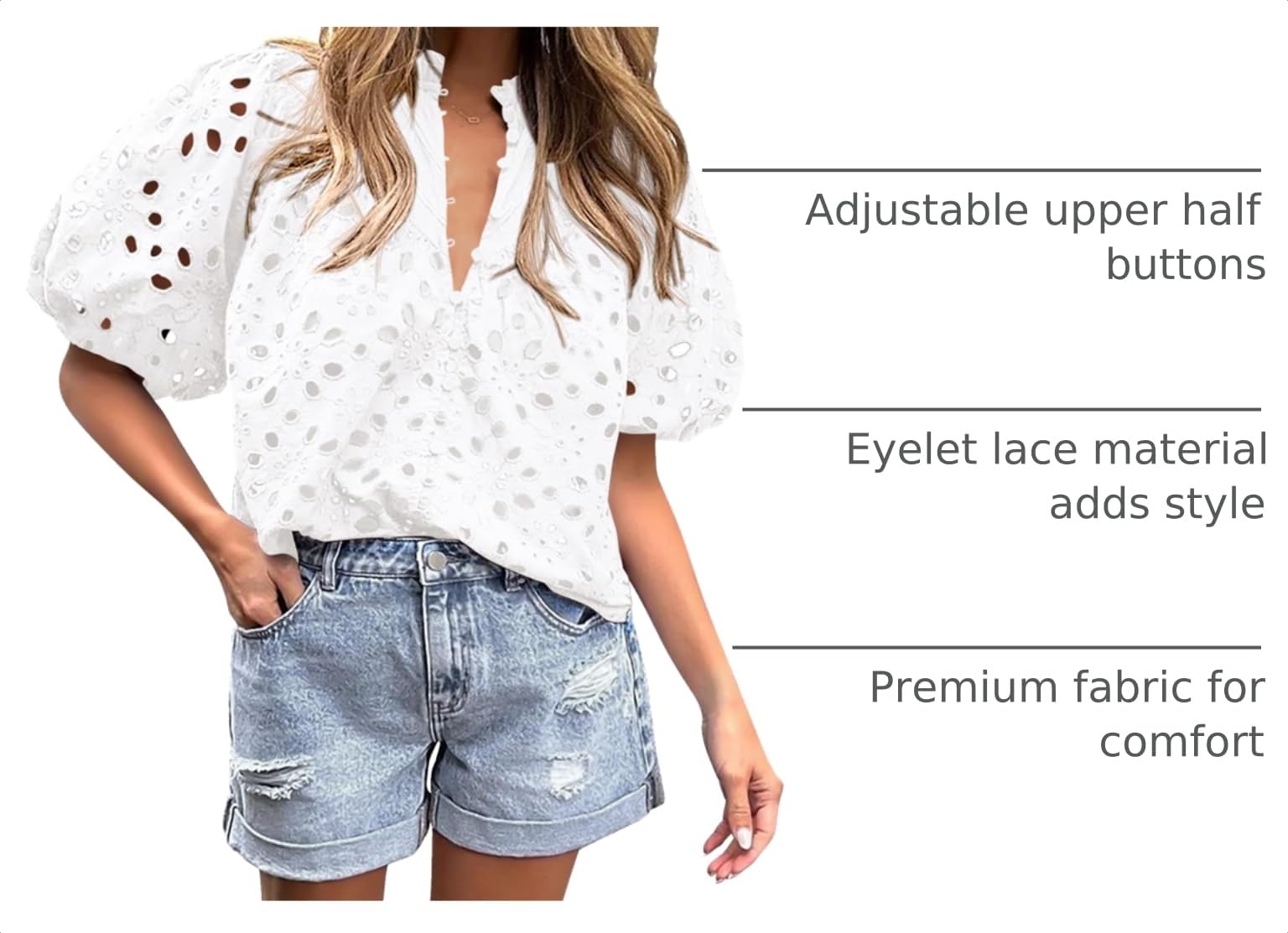 Womens Tops Boho Eyelet Puff Sleeve Blouse, White,S