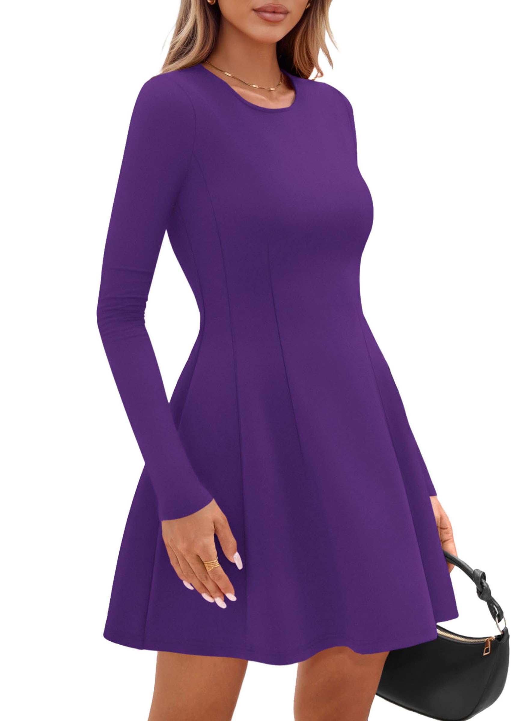 Womens Long Sleeve Pleated Mini Dress,Purple,XS