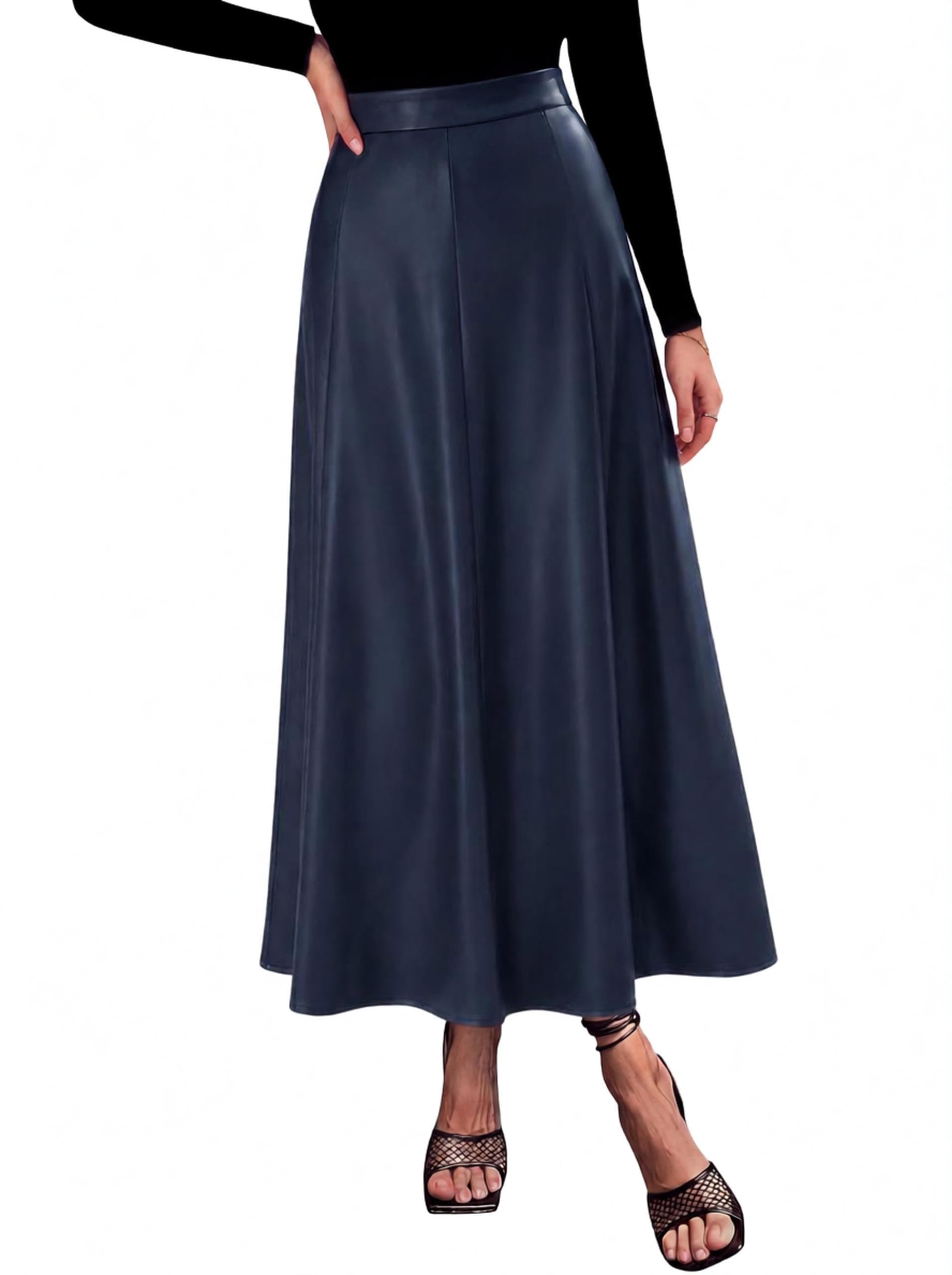 Womens Faux Leather High Waisted Midi Skirt,Navy,S