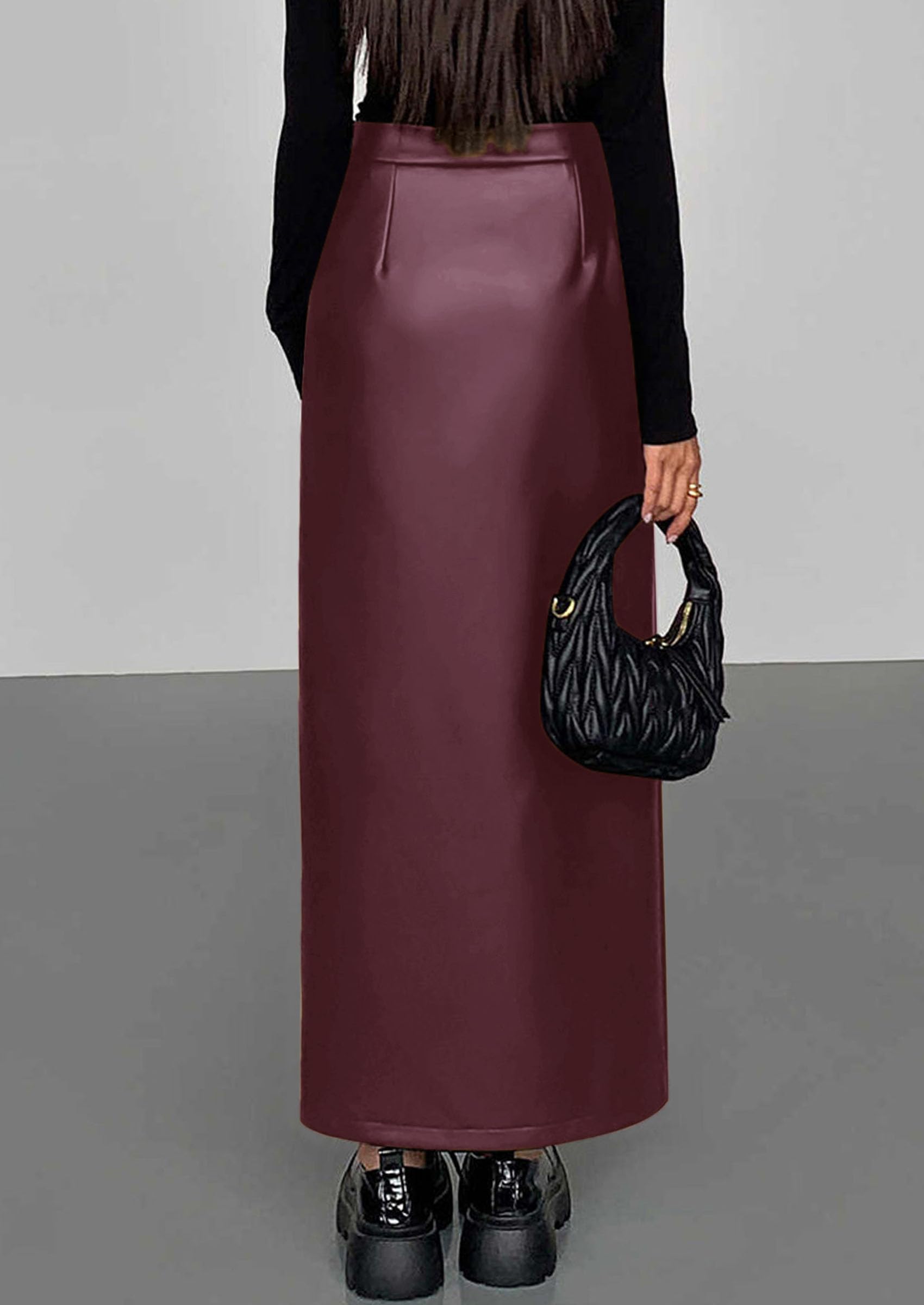 Women's Faux Leather Long Pencil Skirt,Deep Purple,XS