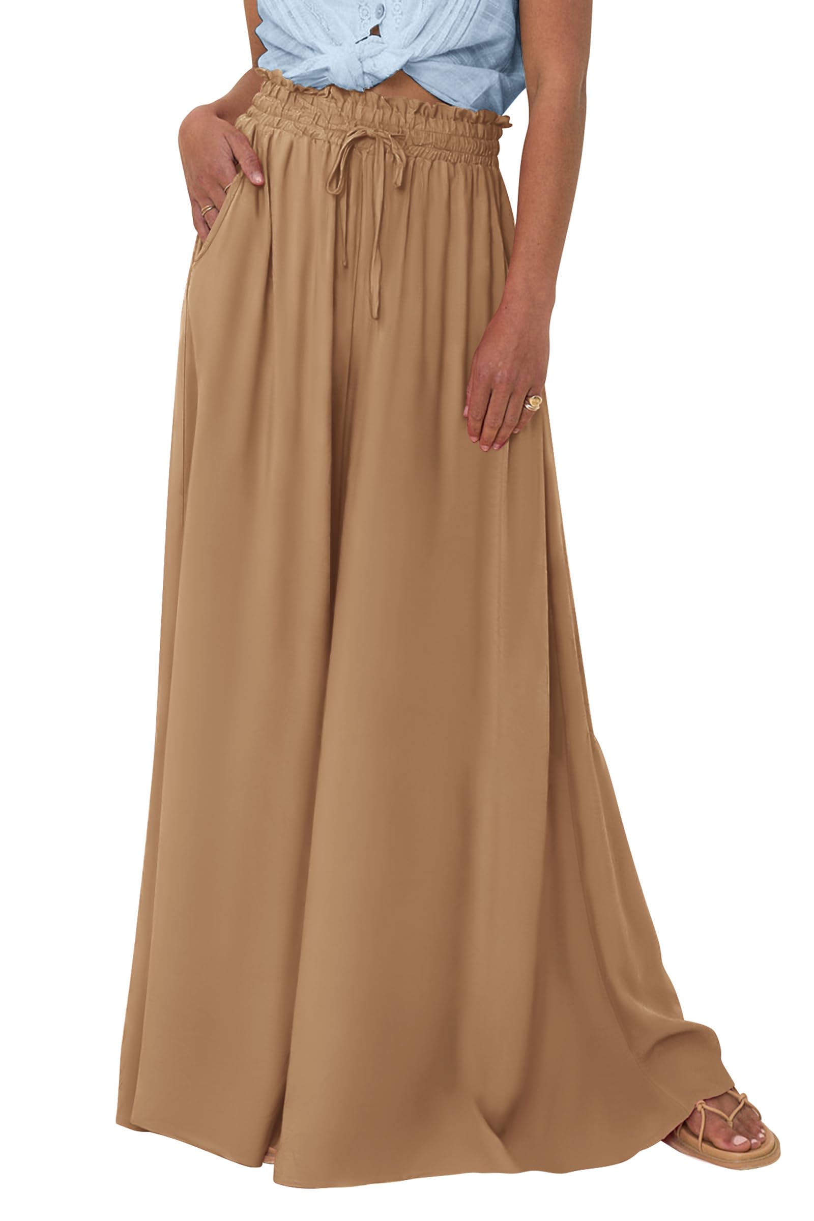 Summer Wide Leg Palazzo Pants for Women Casual,Khaki,S