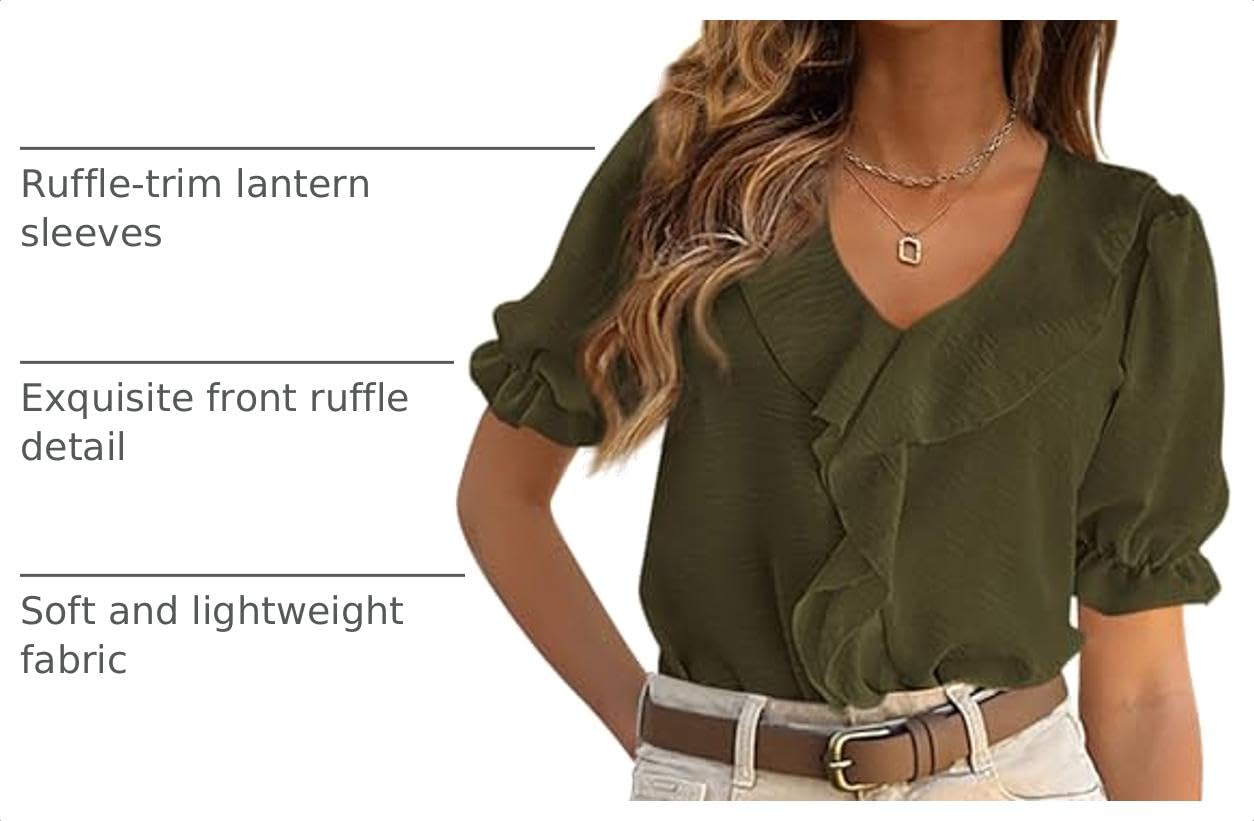 Women's Summer Ruffle Dressy Casual Blouses (Army Green,S)