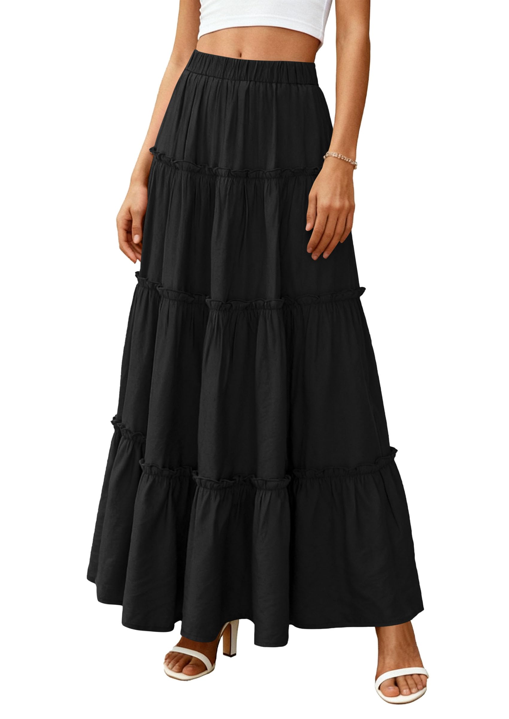 Women's Boho Tiered Ruffle Flowy Maxi Skirt, Black,S