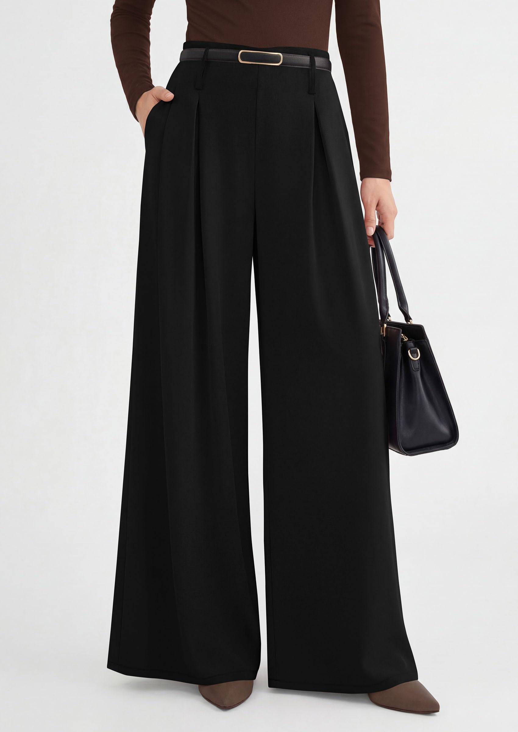 Womens Wide Leg Dress Pants Flowy Trousers,Black,S