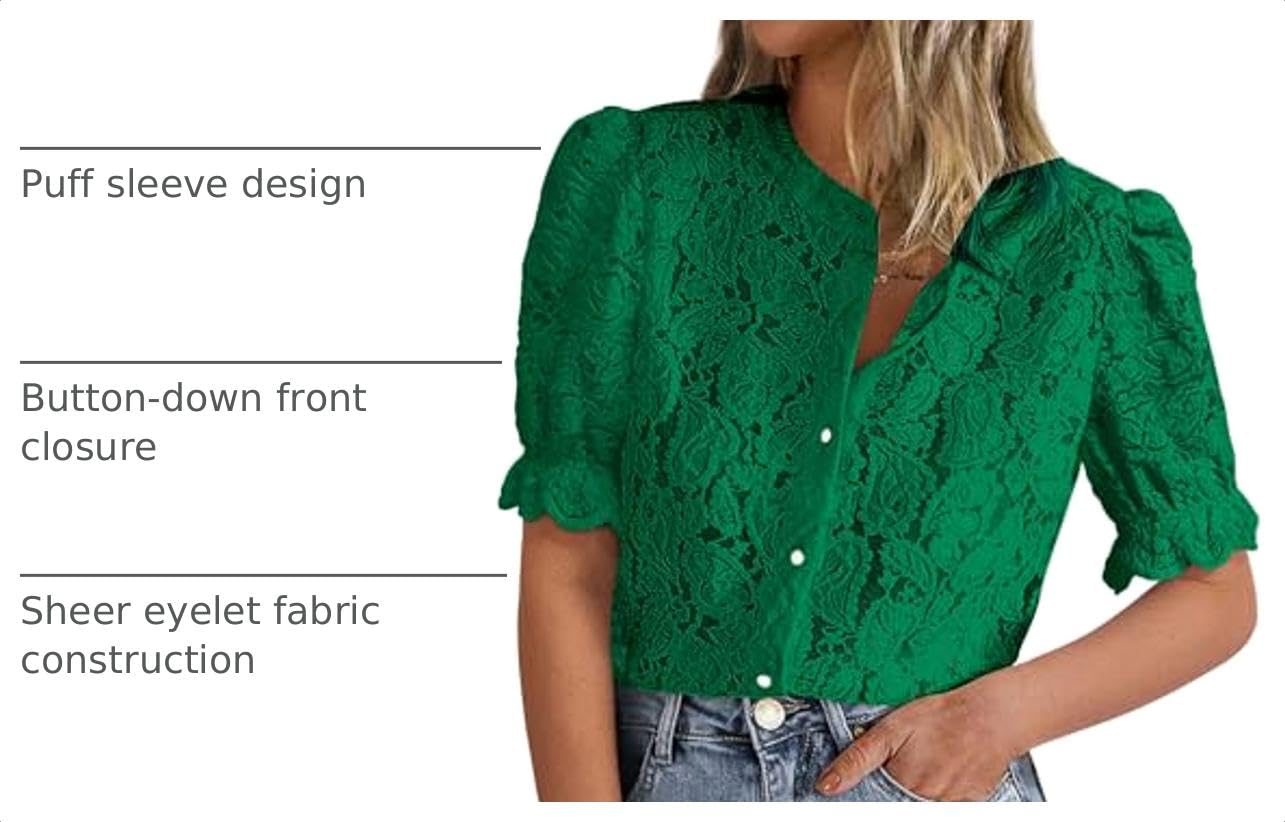 Womens Lace Tops Button Down Short Sleeve Shirts,Dark Green,S