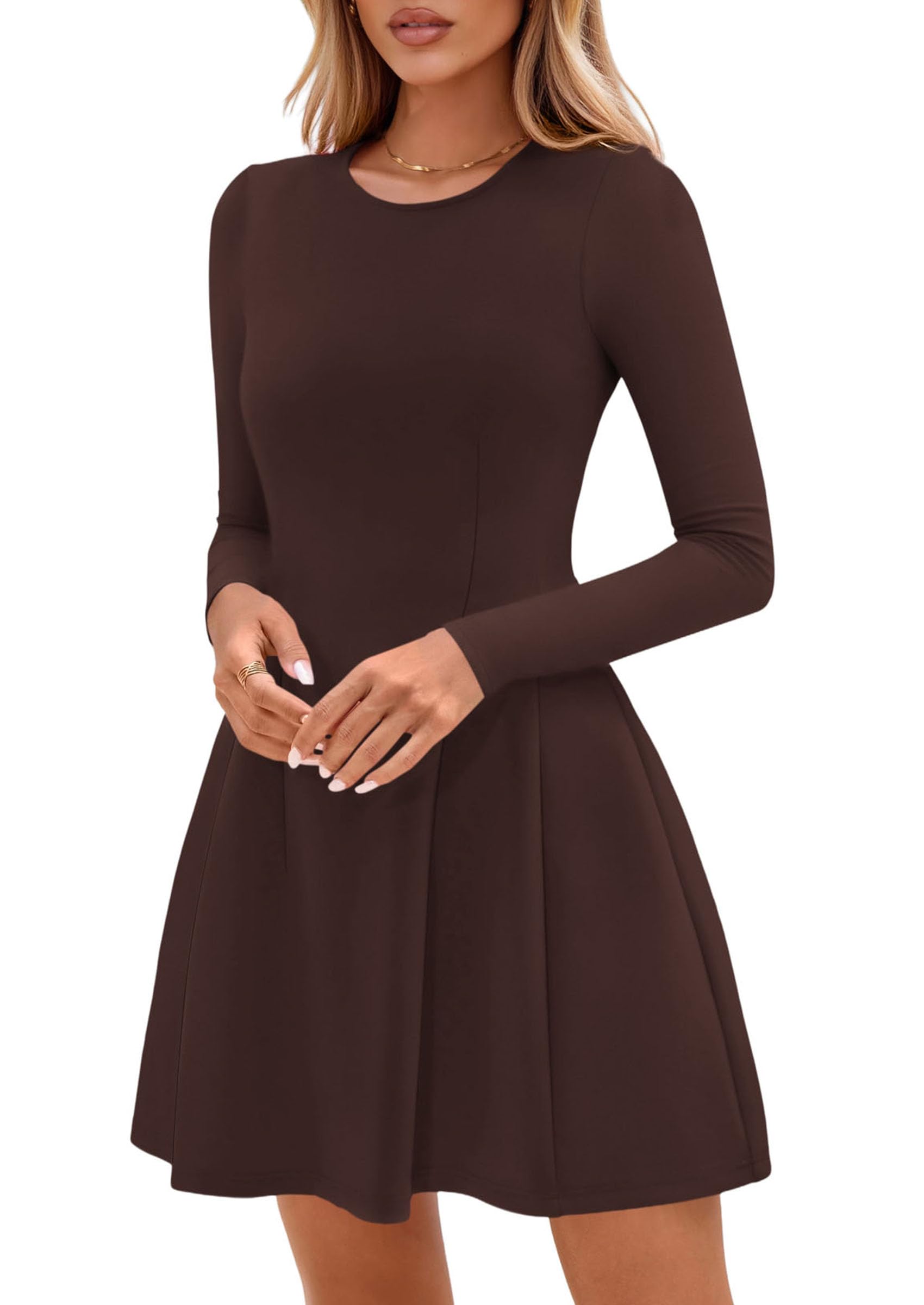 Womens Long Sleeve Pleated Mini Dress,Brown,XS