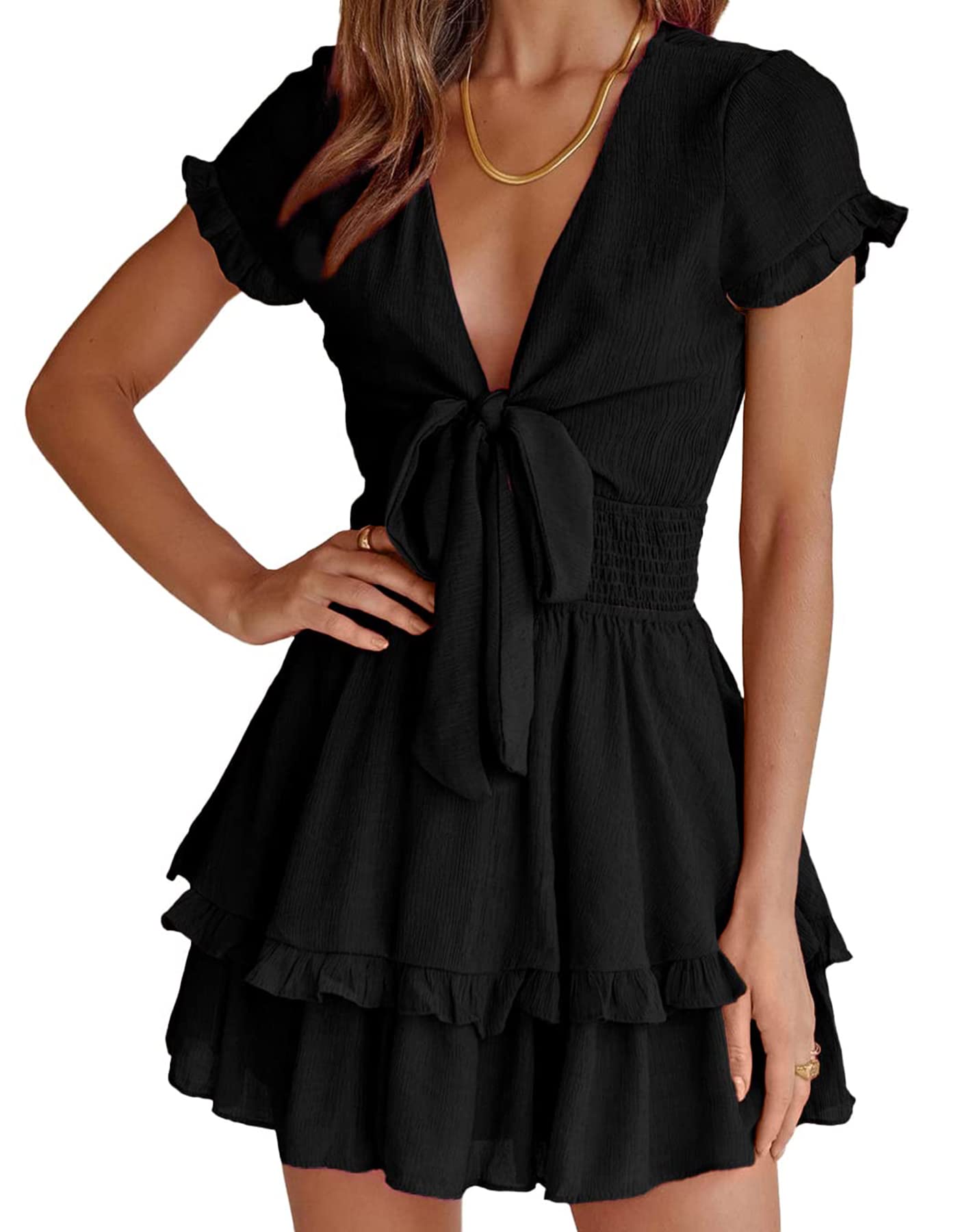 Women's Boho Floral Mini Tiered Bow Dress, Black,S