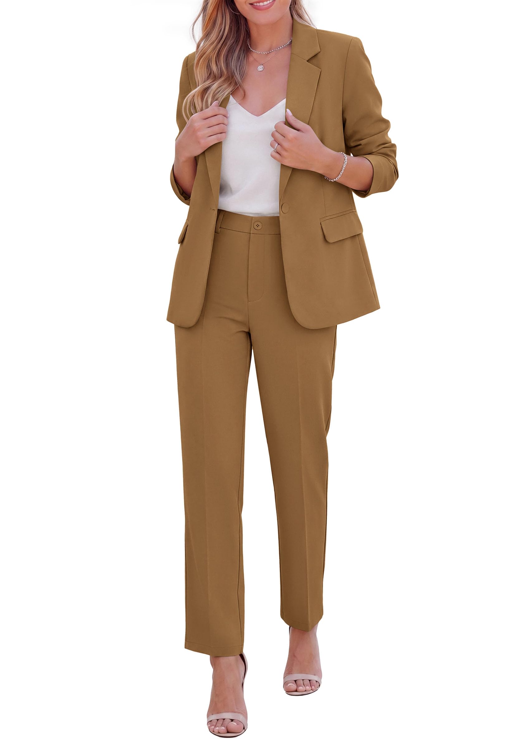Two Piece Sets for Women Dressy Pant Suits,Light Brown,S
