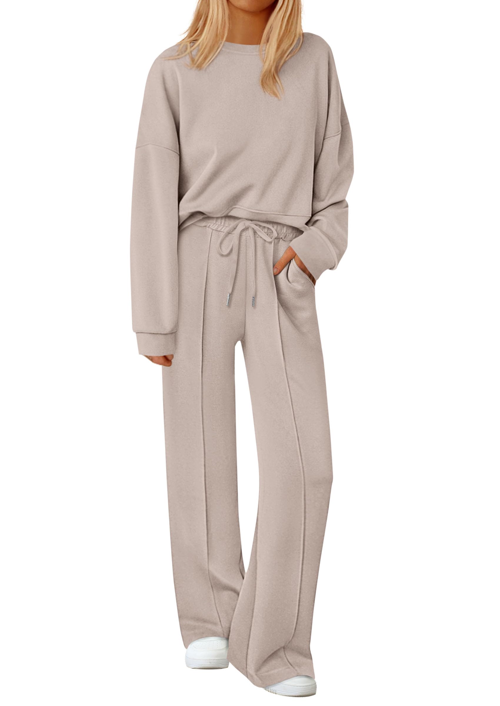 Womens Long Sleeve Sweatshirt 2 Piece Sets,Apricot,S