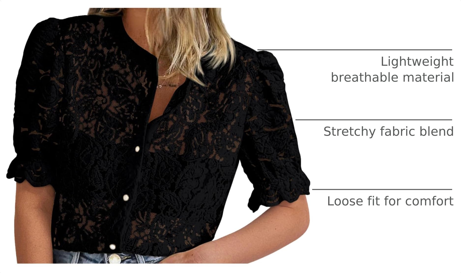 Womens Lace Tops Button Down Short Sleeve Shirts,Black,S