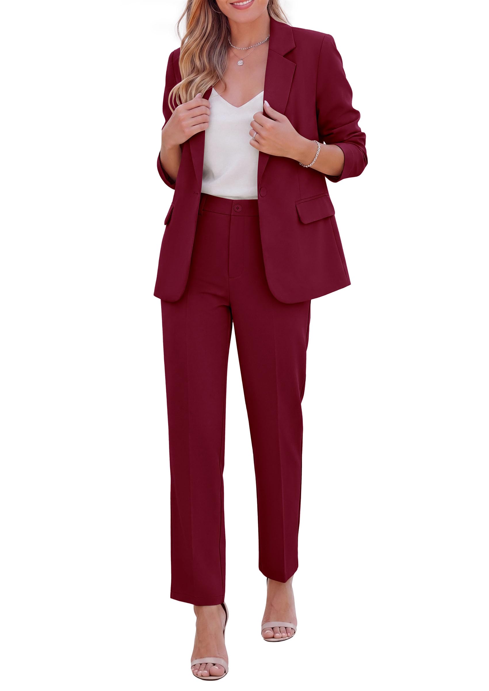 Two Piece Sets for Women Dressy Pant Suits,Wine Red,S