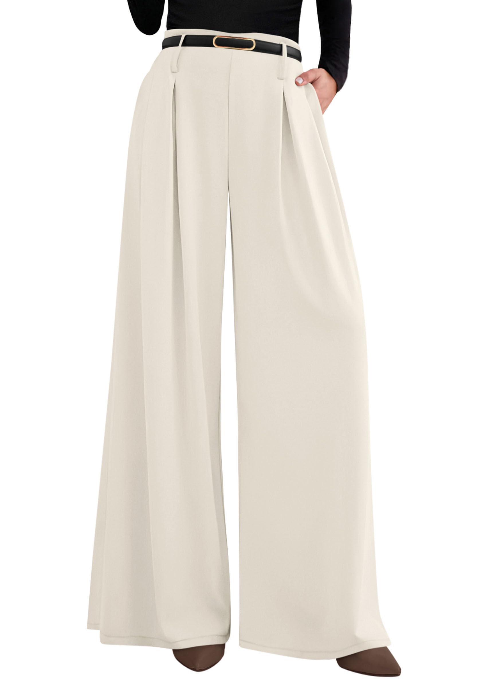 Womens Wide Leg Dress Pants Flowy Trousers,Beige,S