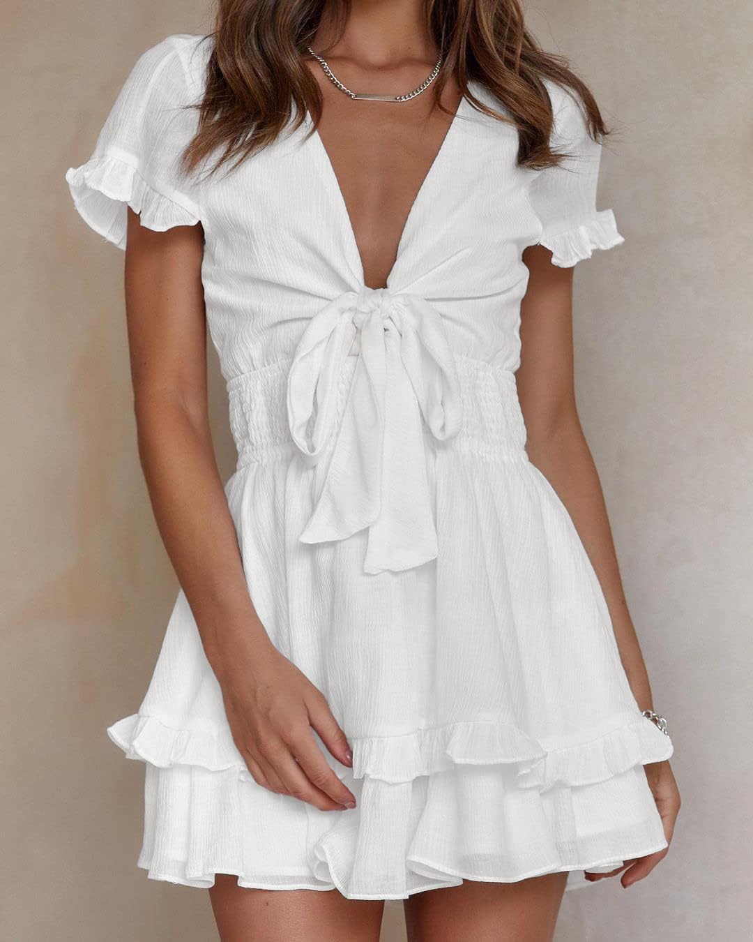 Women's Boho Floral Mini Tiered Bow Dress, White,M