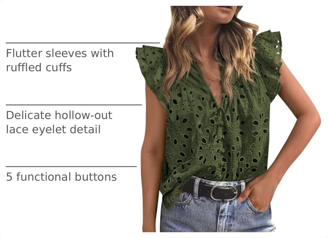 Women's Eyelet V Neck Summer Tops Dressy Casual Army Green,L