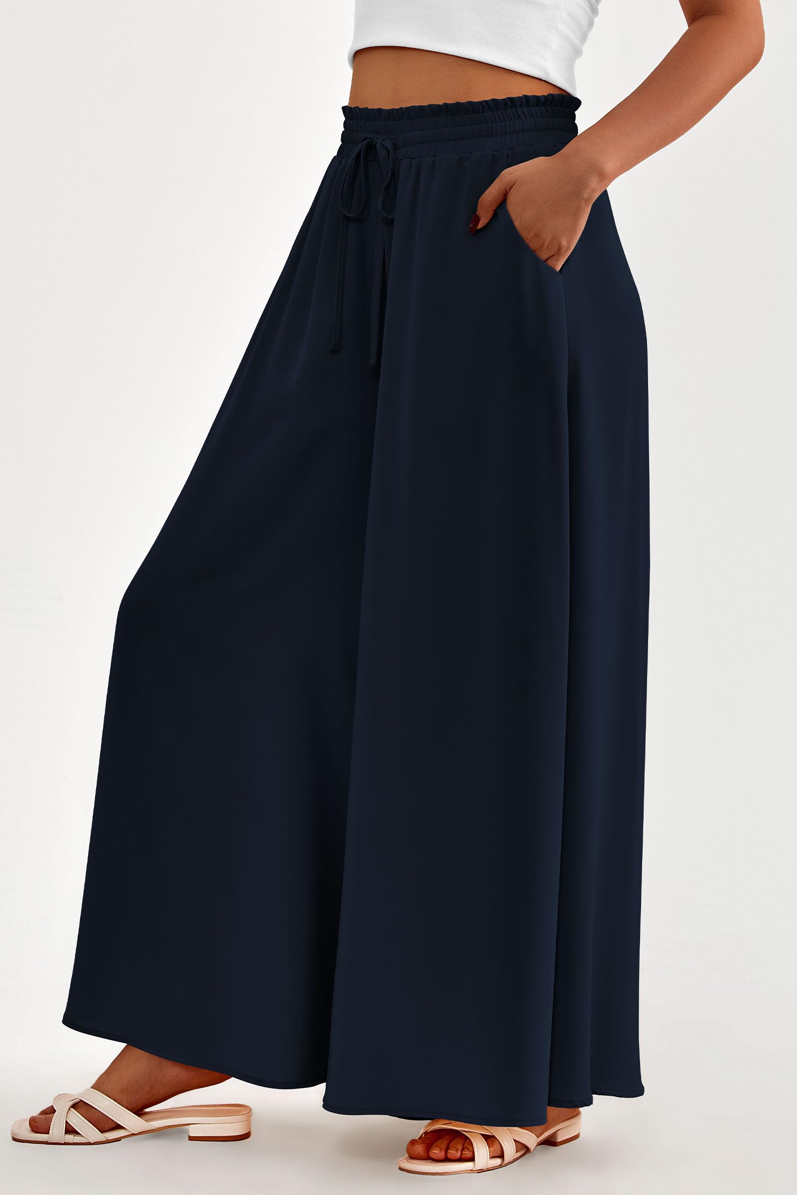 Summer Wide Leg Palazzo Pants for Women Casual,Navy,S