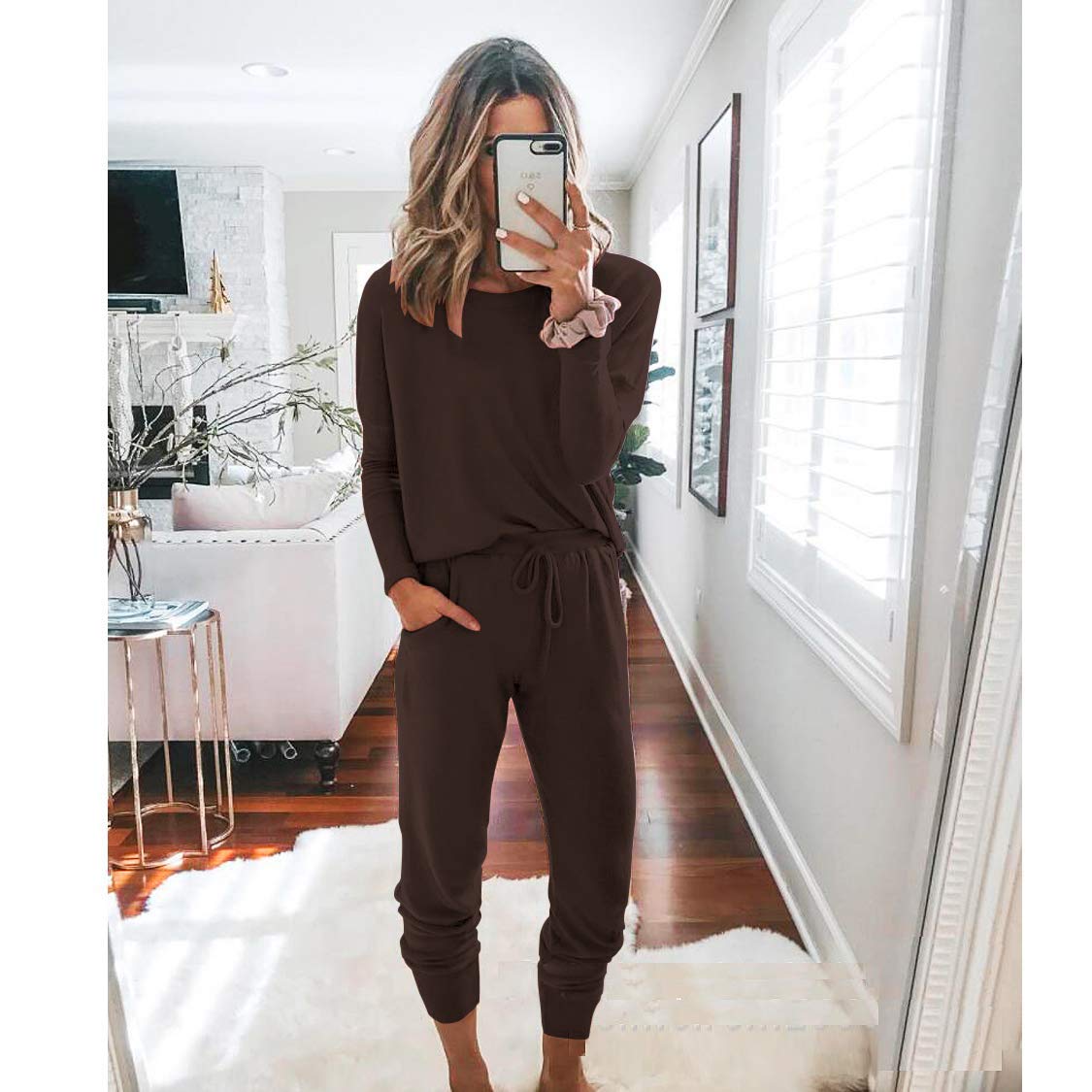 Travel Outfit Women 2 Piece Lounge Sets, Brown,S