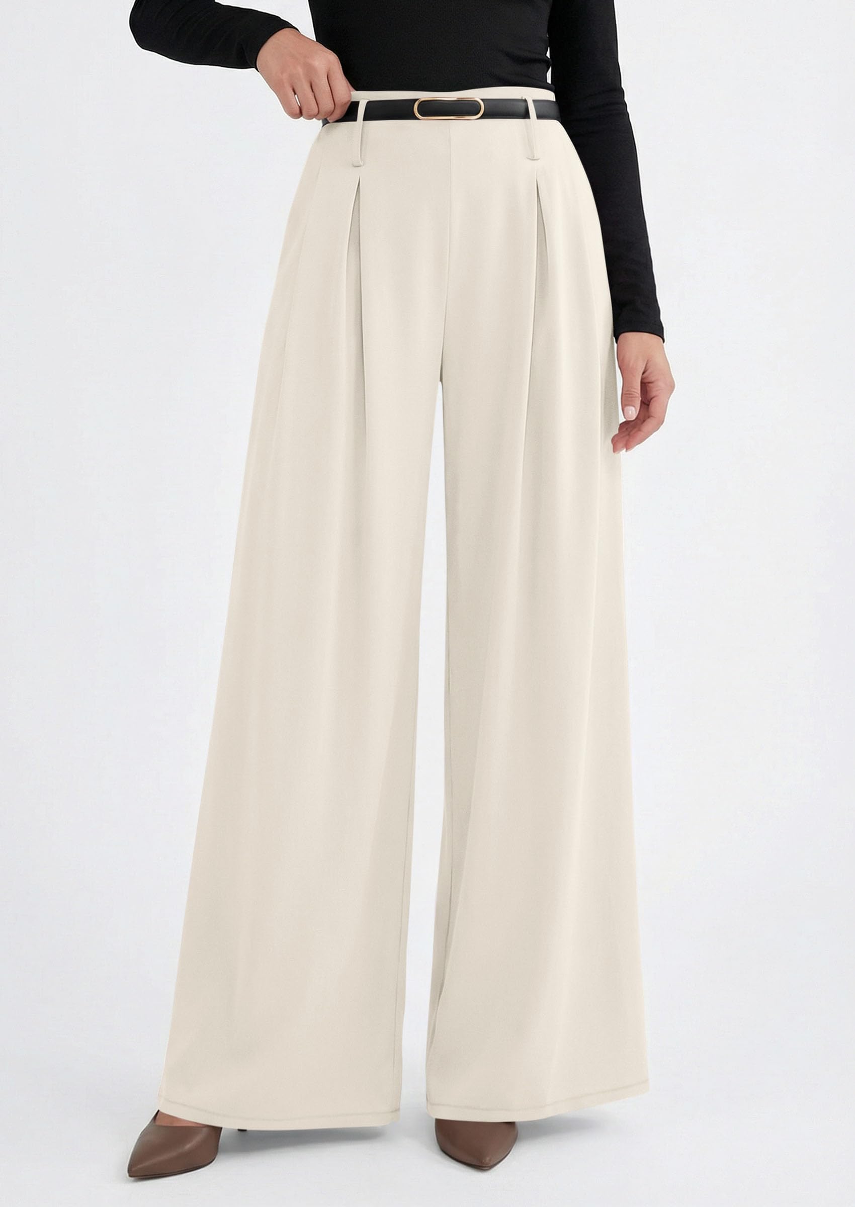 Womens Wide Leg Dress Pants Flowy Trousers,Beige,S