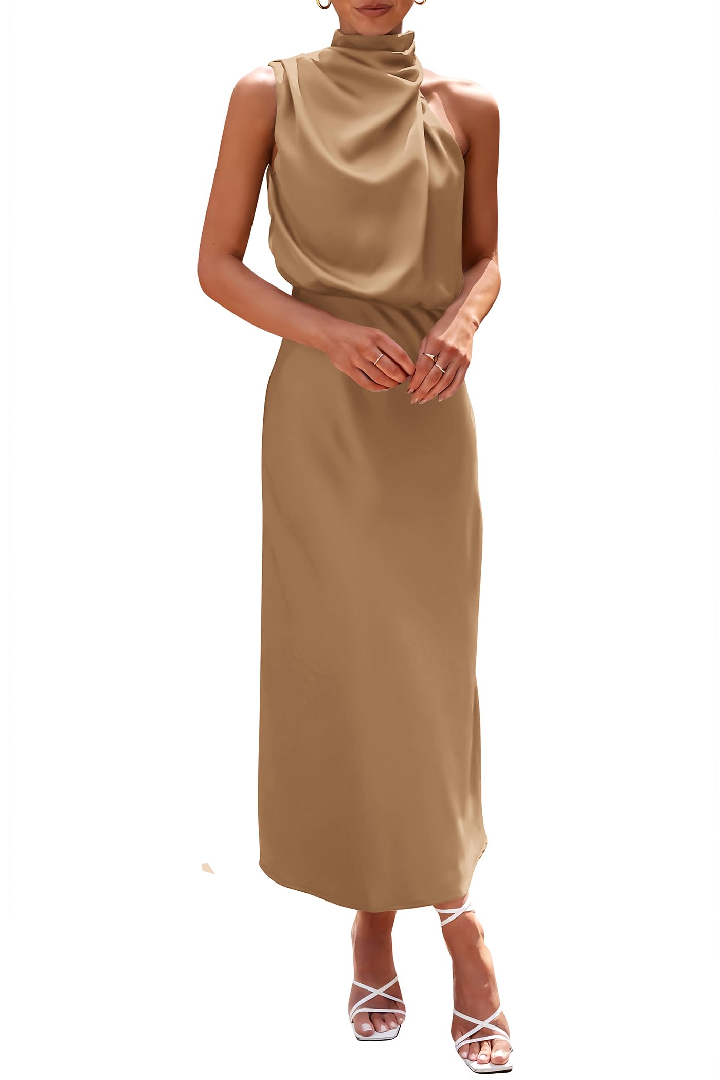 Women's Summer Satin Maxi Cocktail Dress Light Khaki