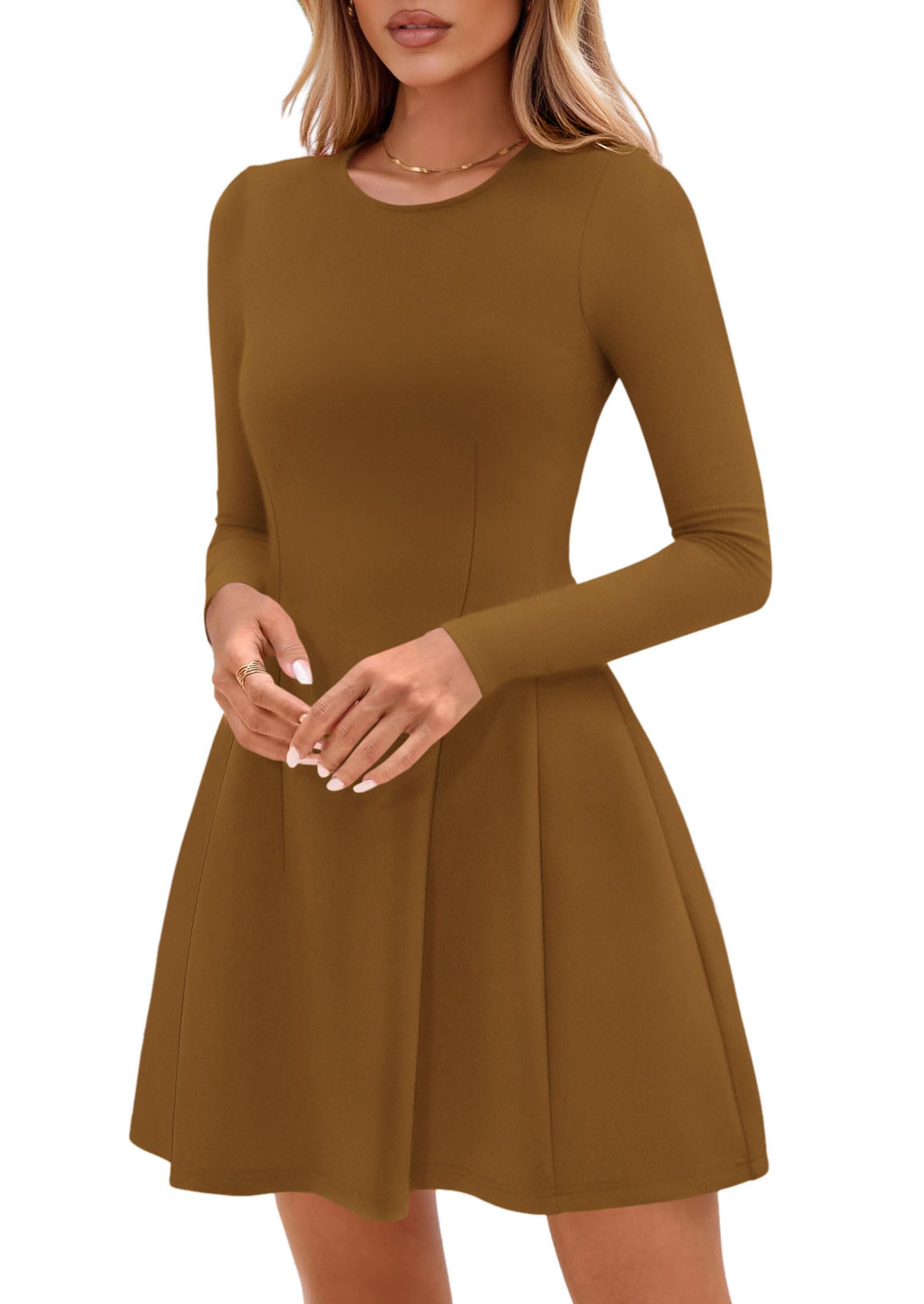 Womens Long Sleeve Pleated Mini Dress,Coffee,XS