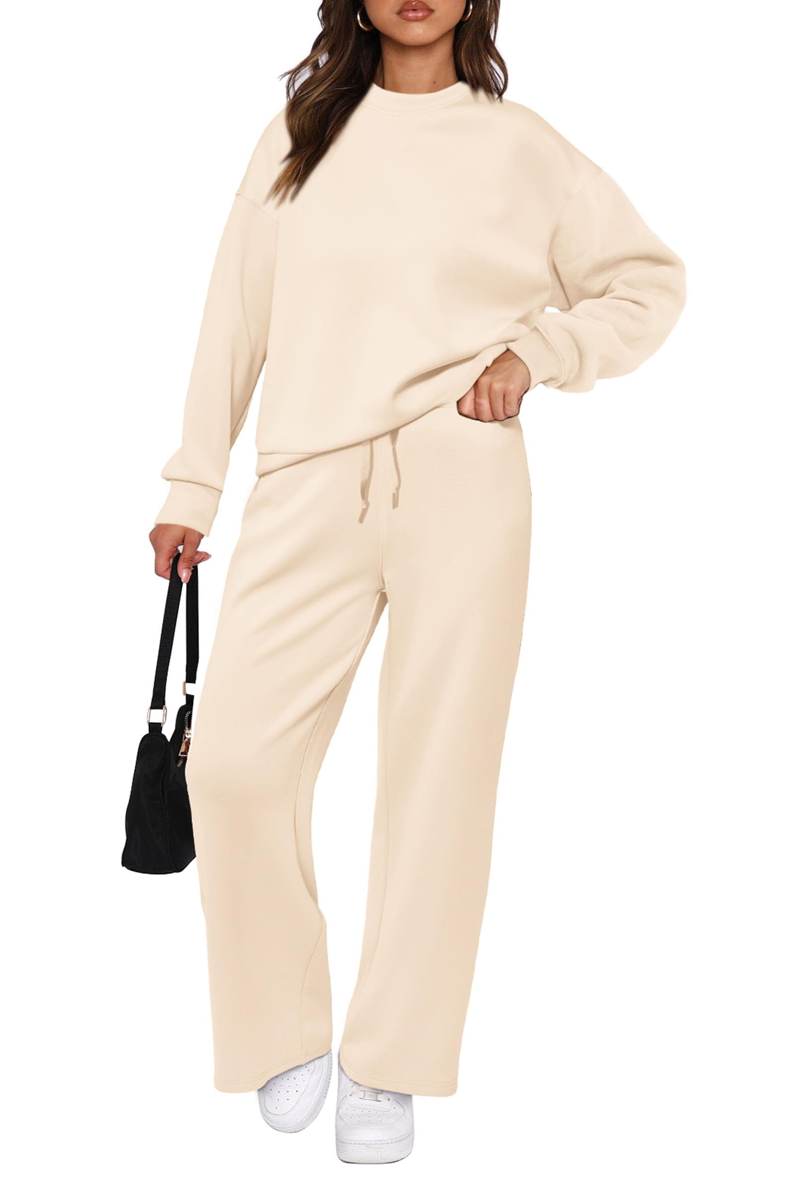Womens 2 Piece Outfits 2025 Fall Long Sleeve Sweatshirt Wide Leg Pants Lounge Sets Winter Sweatsuits Tracksuit (Beige,Small)