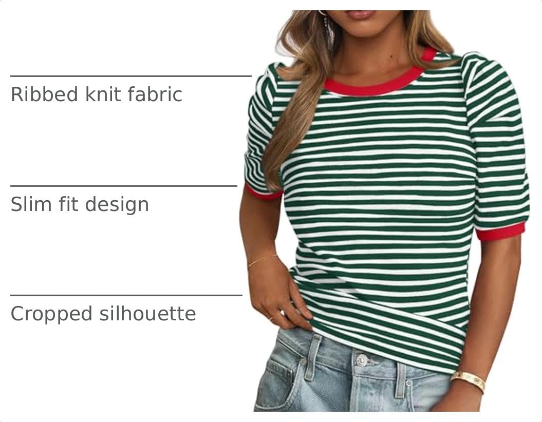 Ribbed Puff Short Sleeve Tops for Women Striped Shirt Green,S