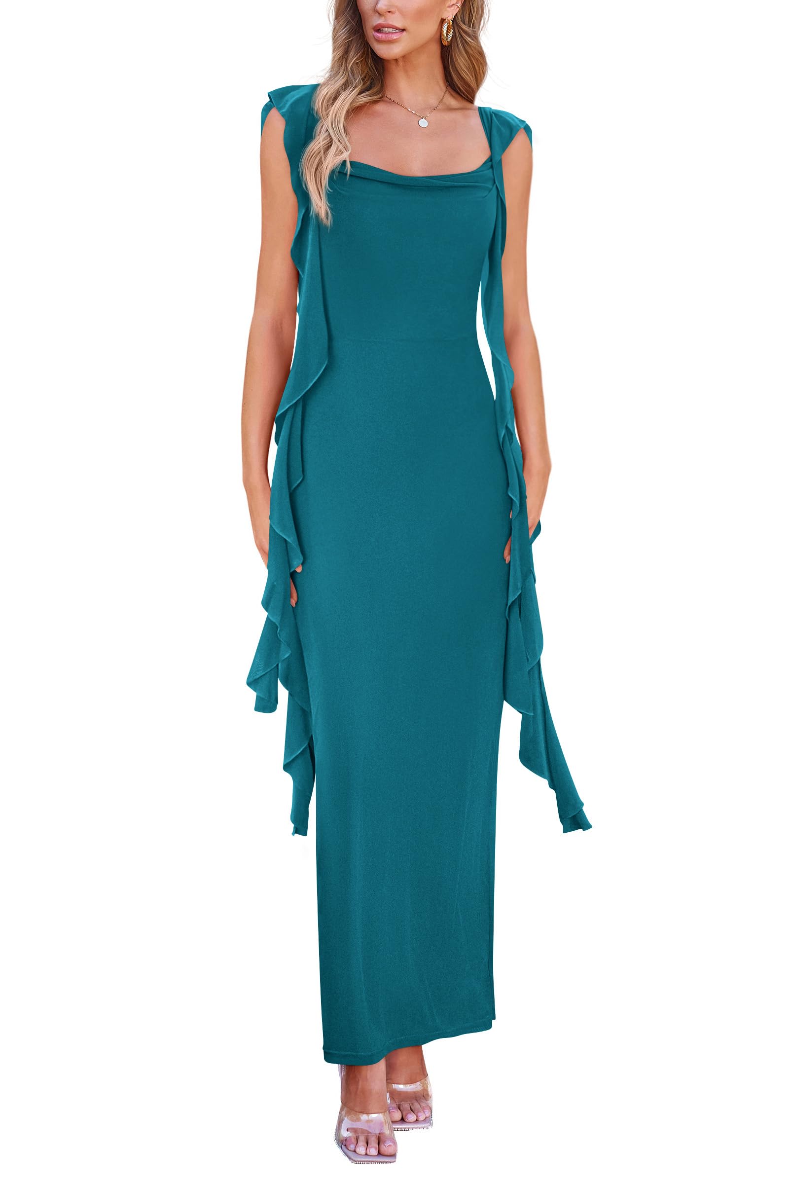 Summer Dresses for Women Ruffle Bodycon Maxi Dress,Lake Blue,S