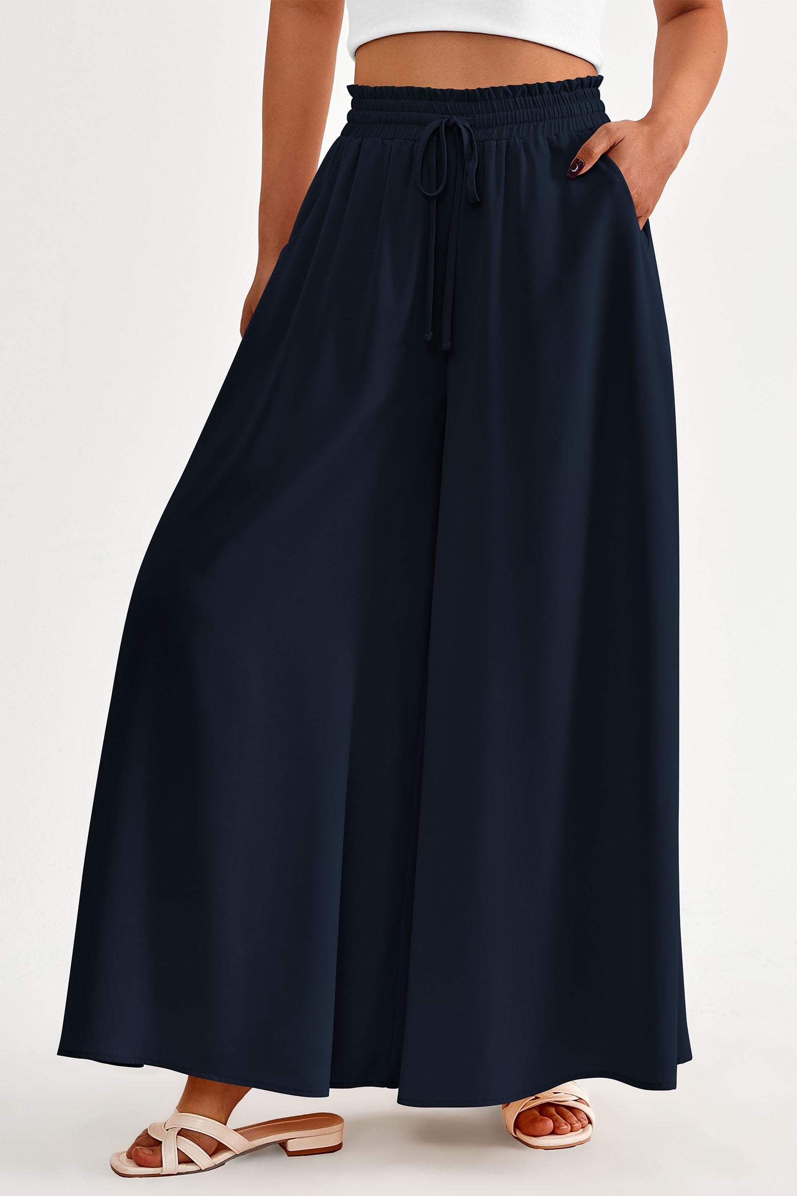 Summer Wide Leg Palazzo Pants for Women Casual,Navy,S