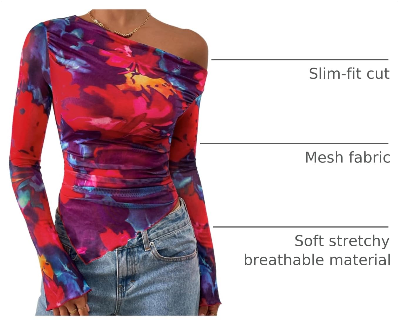 Womens Off Shoulder Mesh Y2k Tops,Floral Navy Red,XS