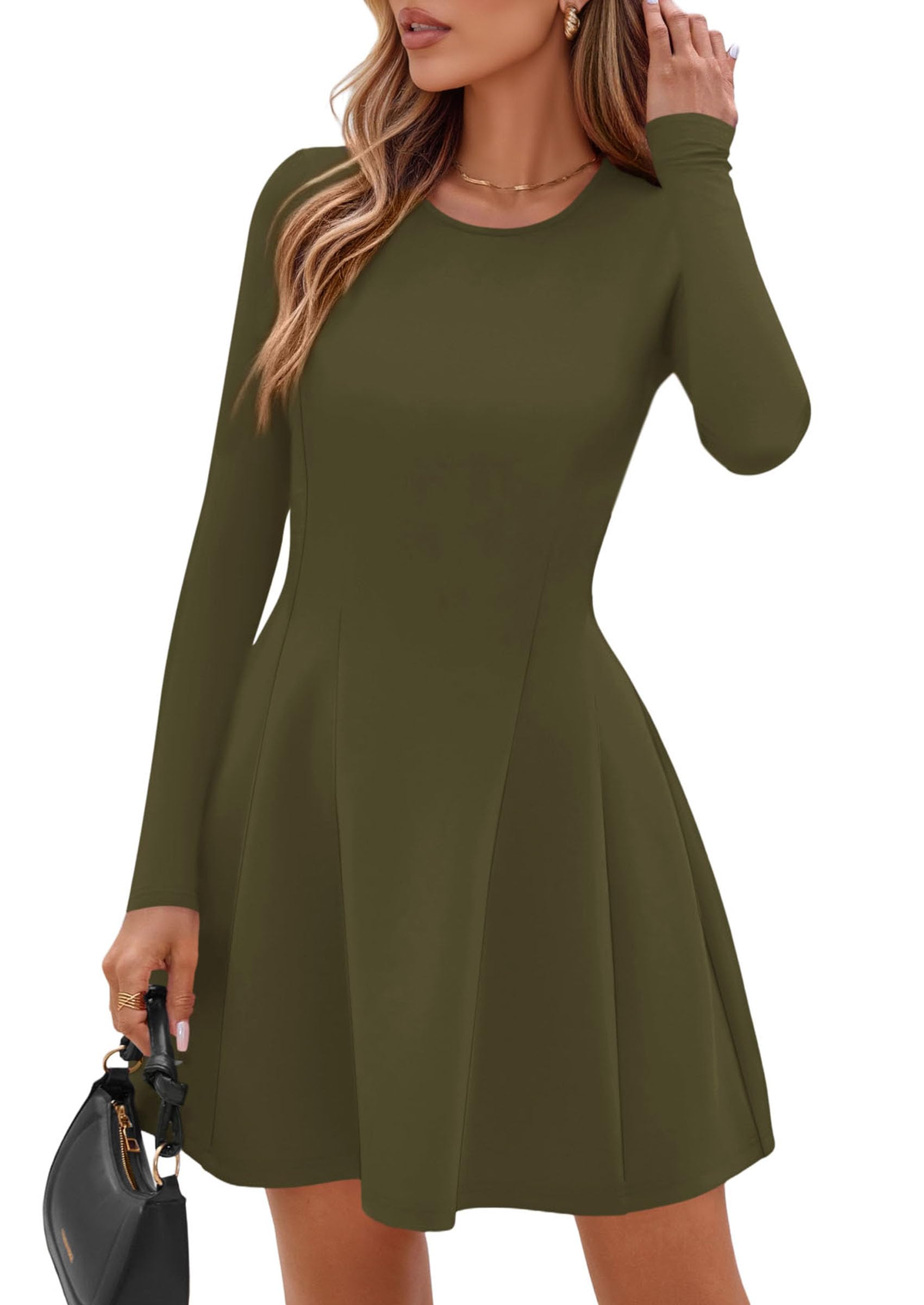 Womens Long Sleeve Pleated Mini Dress,Army Green,XS
