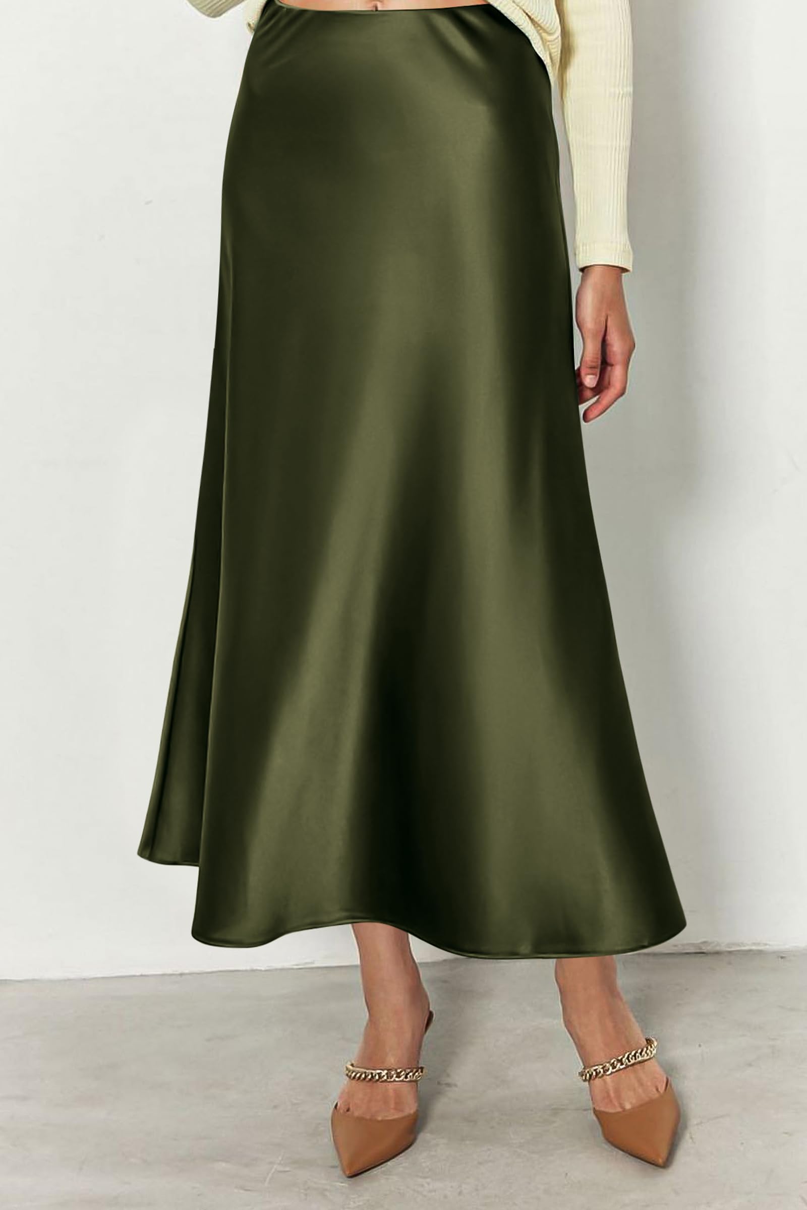 Women's Satin Midi Skirts Dressy Casual,Light Army Green,S