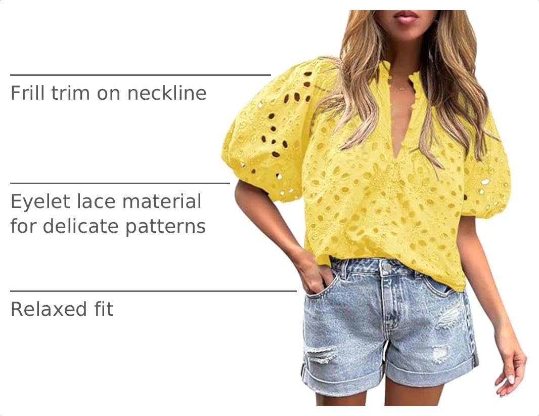 Womens Tops Boho Eyelet Puff Sleeve Blouse, Yellow,S