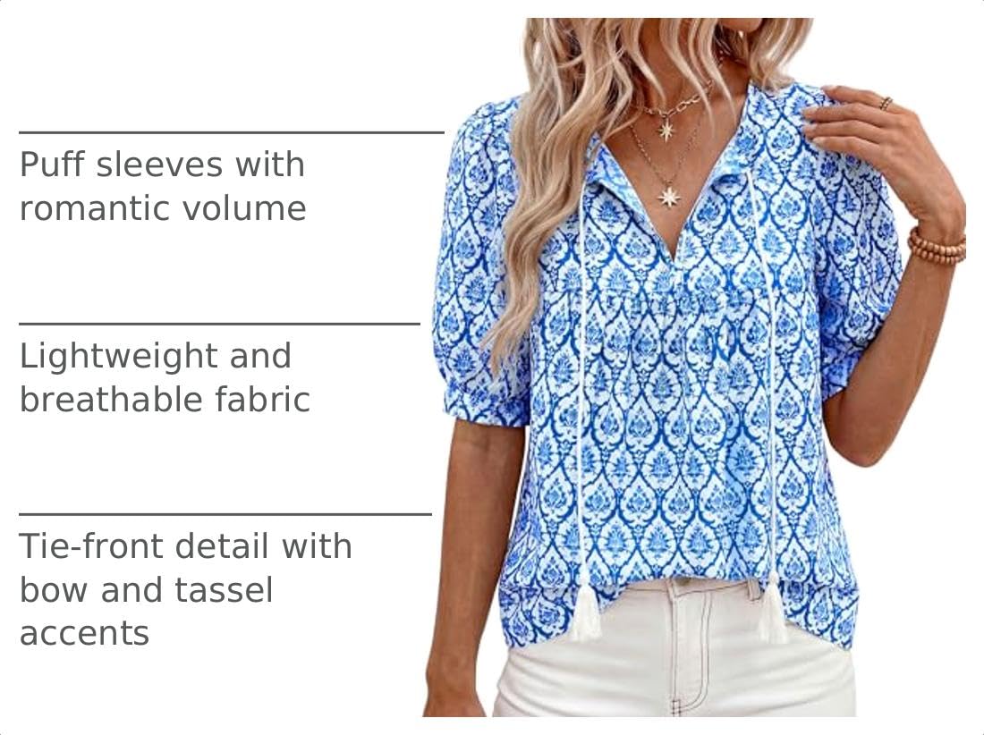 Womens Summer Boho Blouses Dressy Casual Floral Blue,S