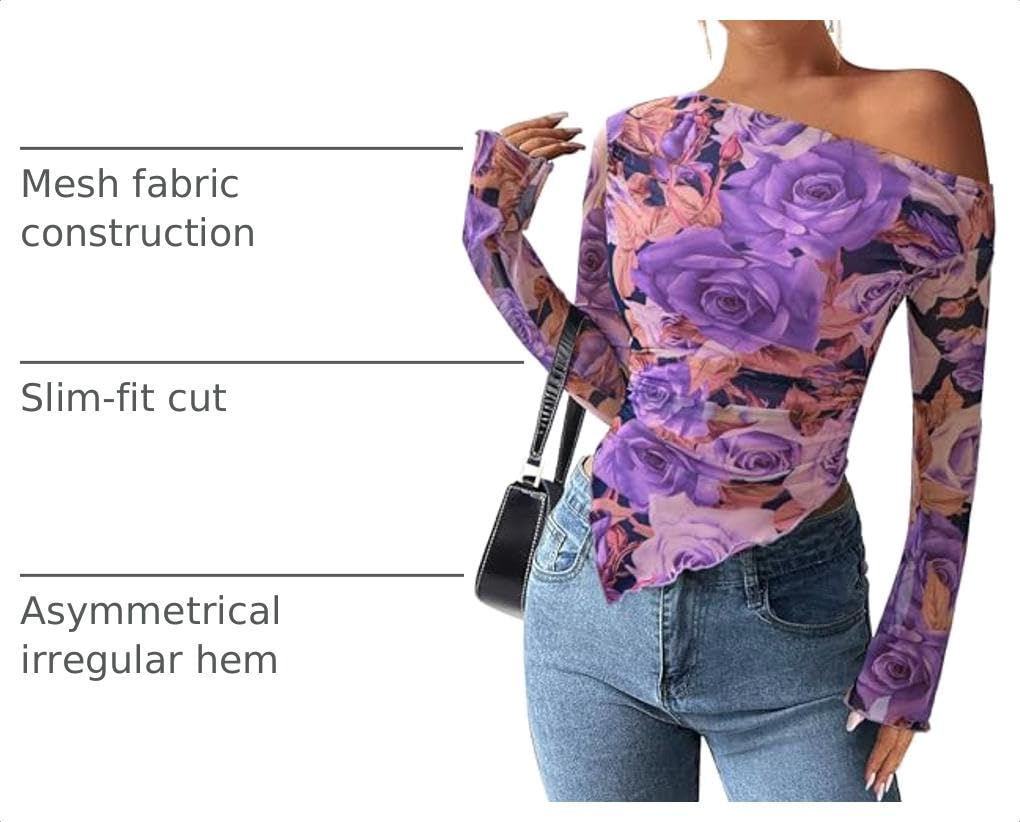 Womens Off Shoulder Mesh Y2k Tops,Floral Purple,XS