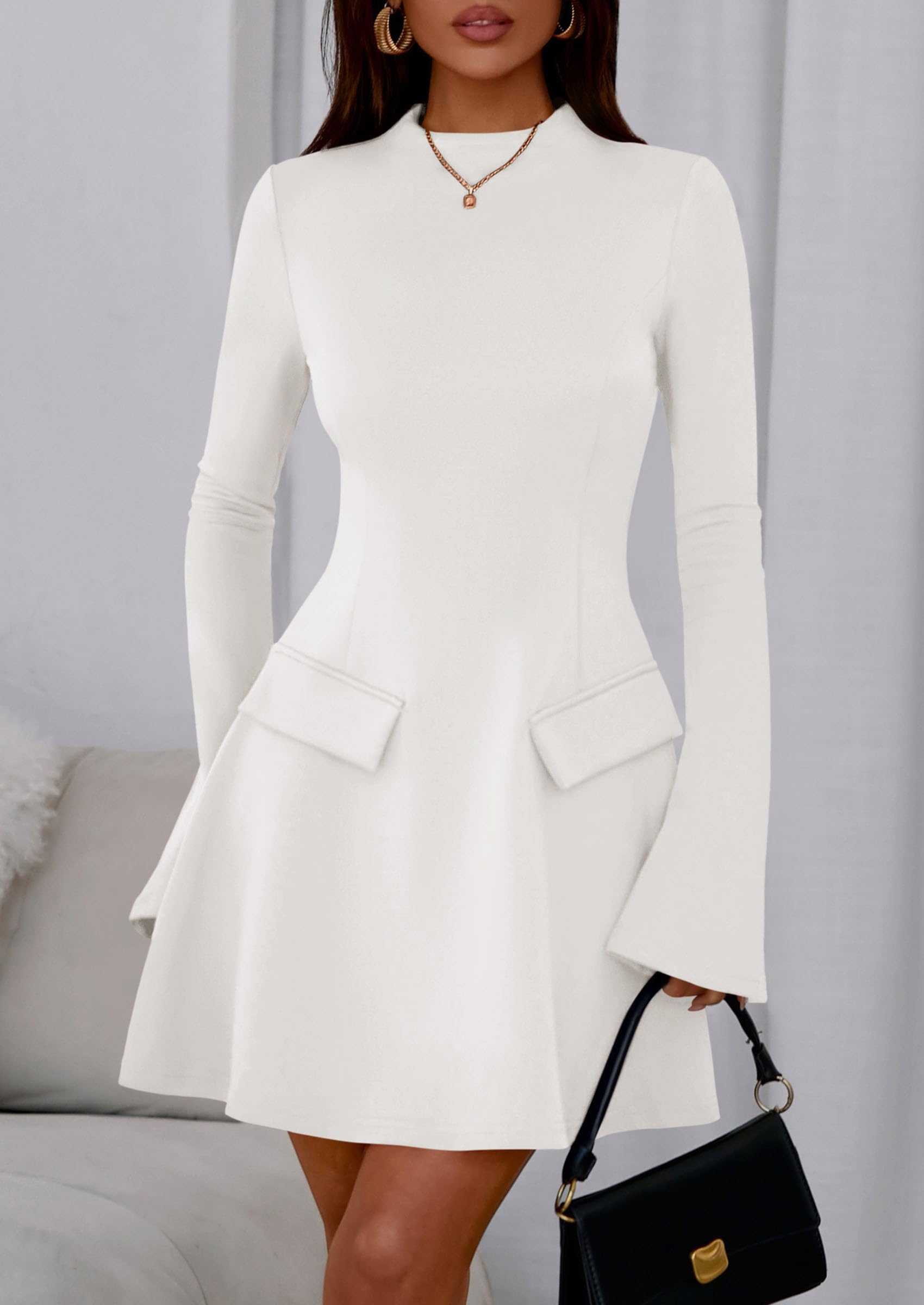 Women's Fall Bell Sleeve Short Dress,White,XS