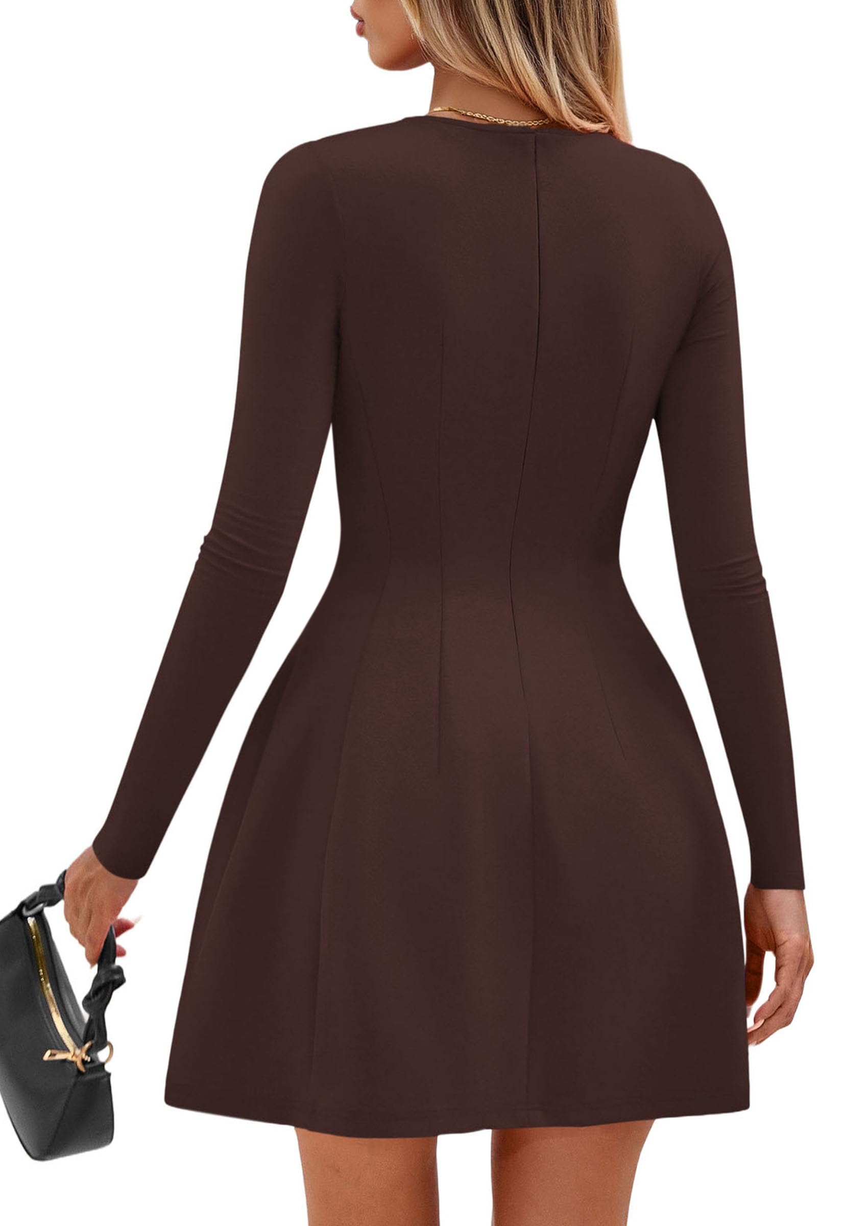 Womens Long Sleeve Pleated Mini Dress,Brown,XS