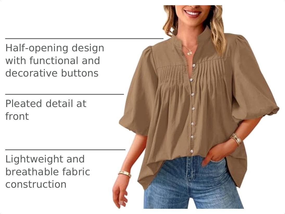 Short Sleeve Henley Shirts for Women,Light Khaki,S