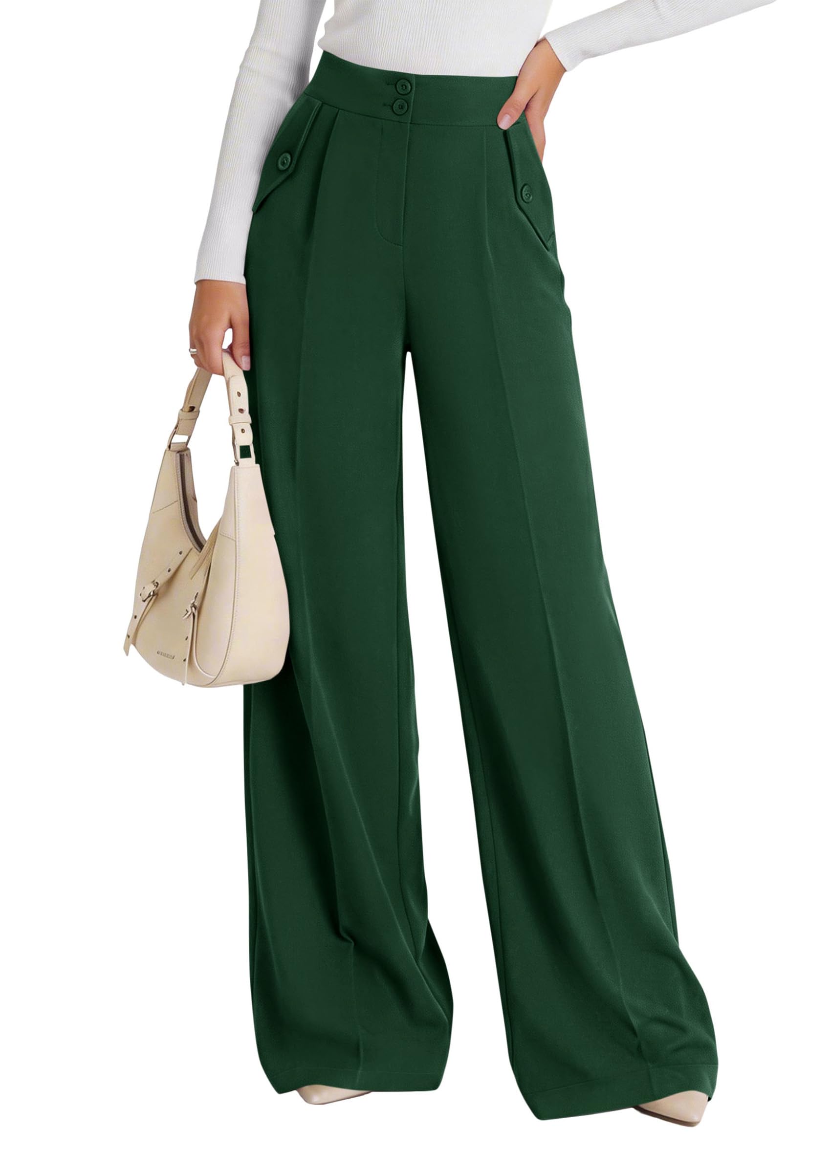 Women's Wide Leg Work Dress Pants Trousers (Dark Green,S)