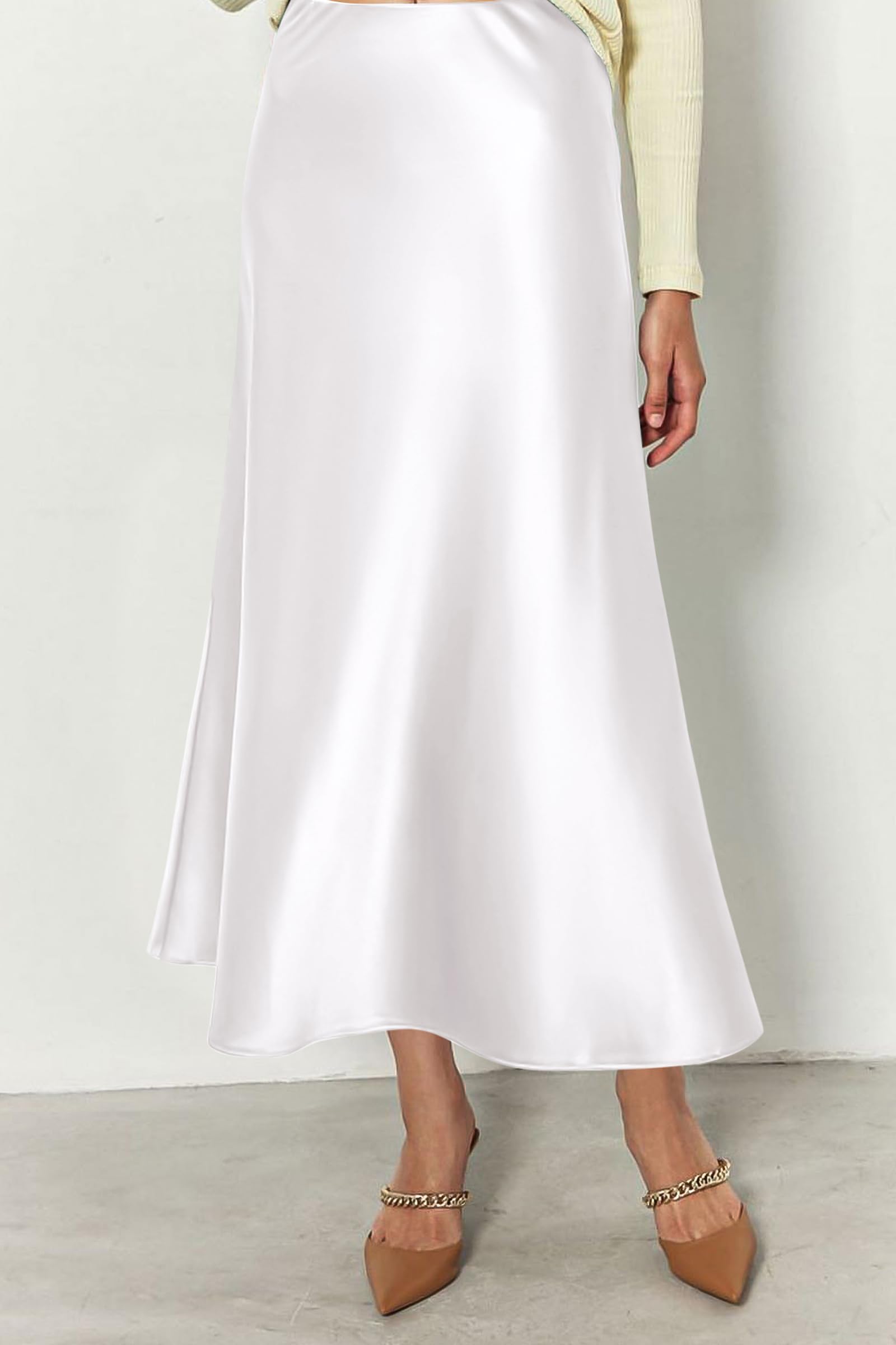 Women's Satin Midi Skirts Dressy Casual,White,S