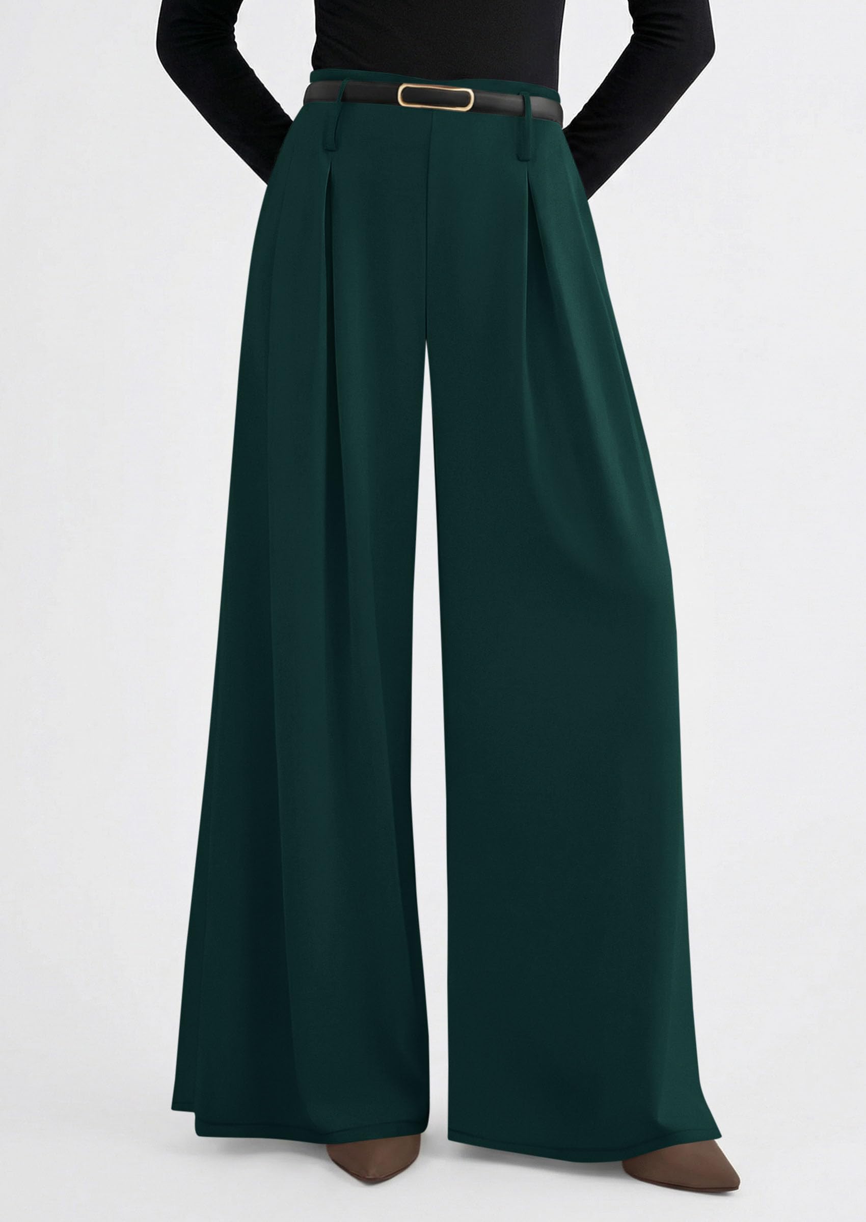 Womens Wide Leg Dress Pants Flowy Trousers,Dark Green,S